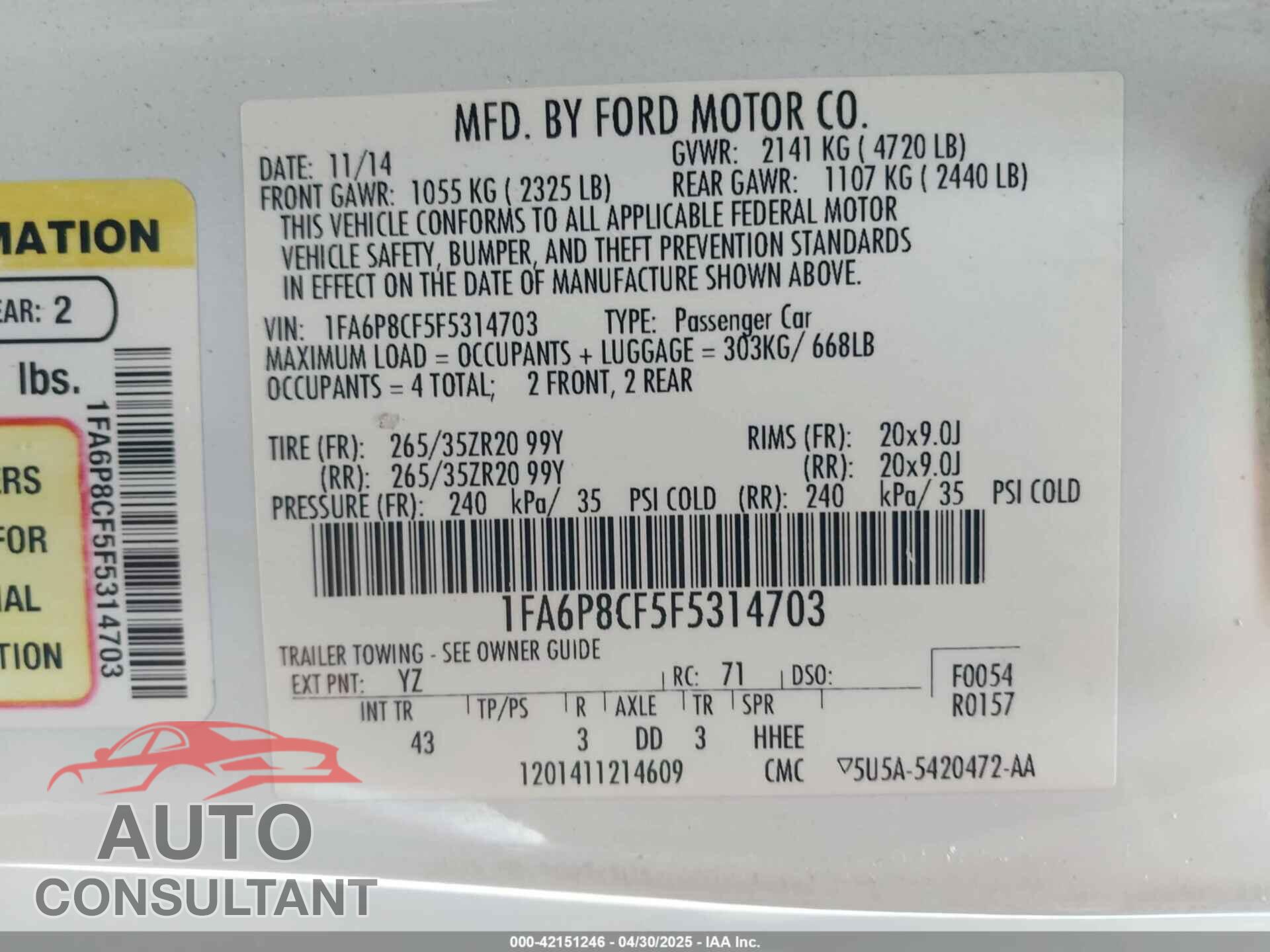 FORD MUSTANG 2015 - 1FA6P8CF5F5314703