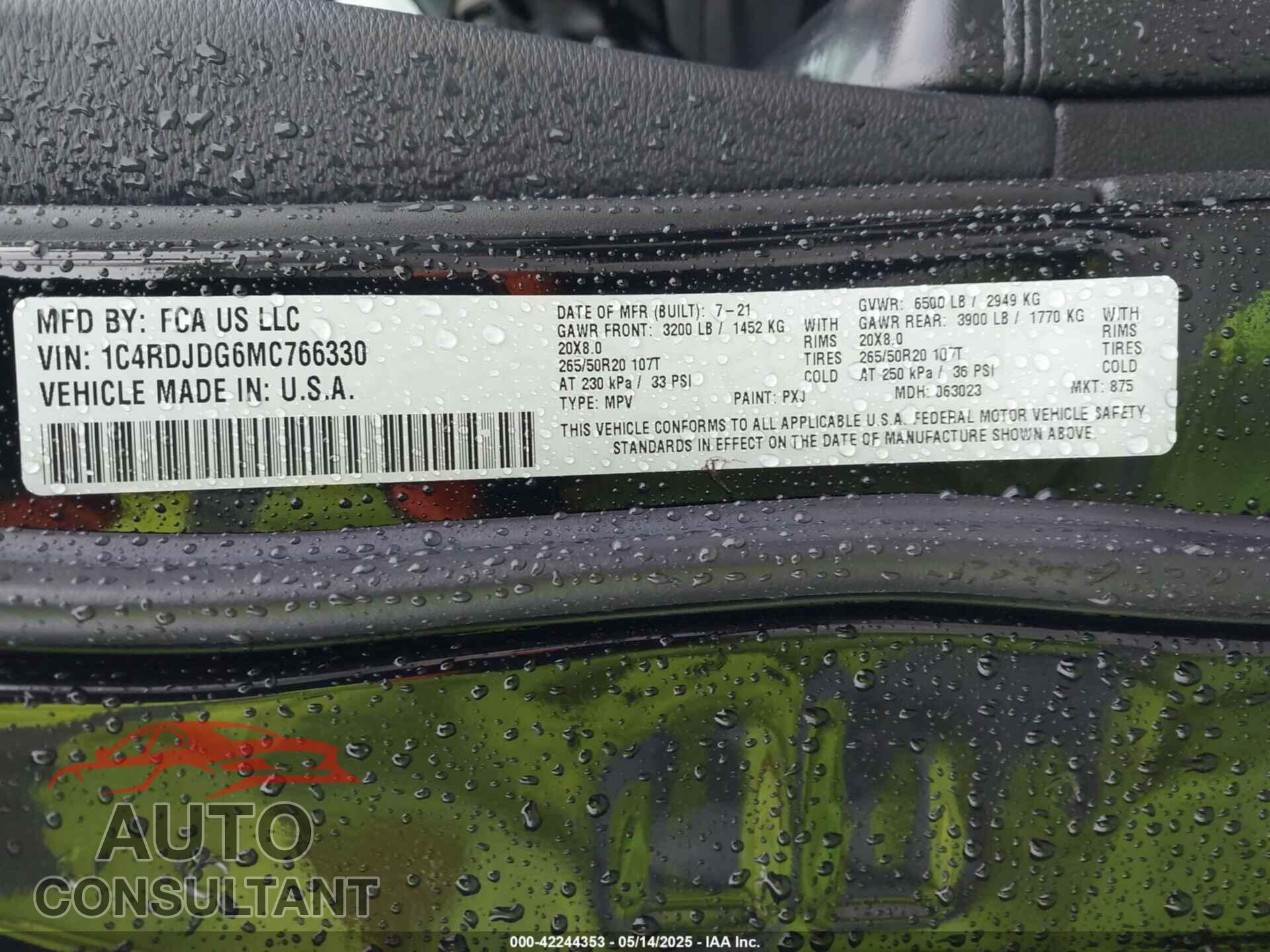DODGE DURANGO 2021 - 1C4RDJDG6MC766330