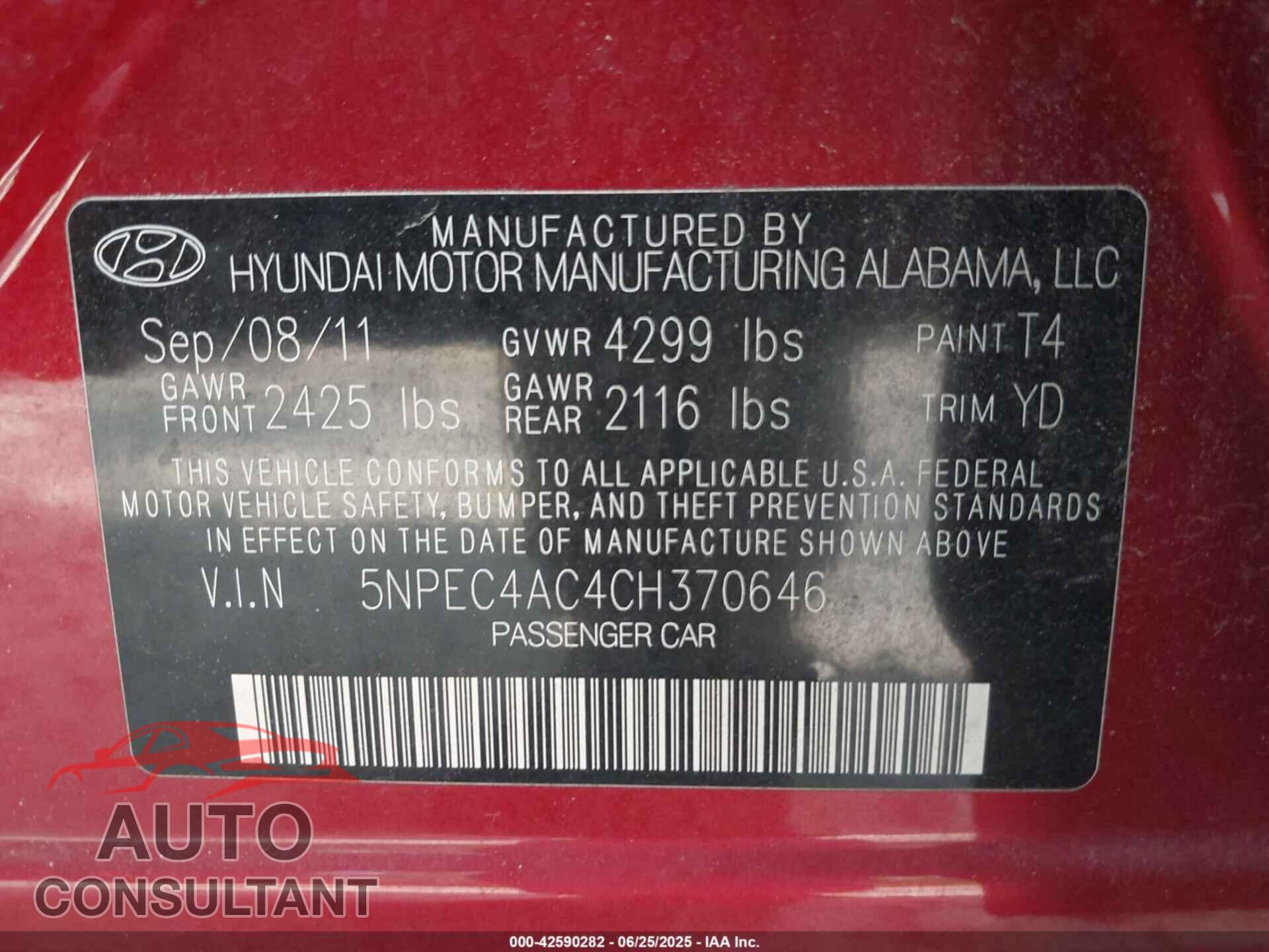 HYUNDAI SONATA 2012 - 5NPEC4AC4CH370646