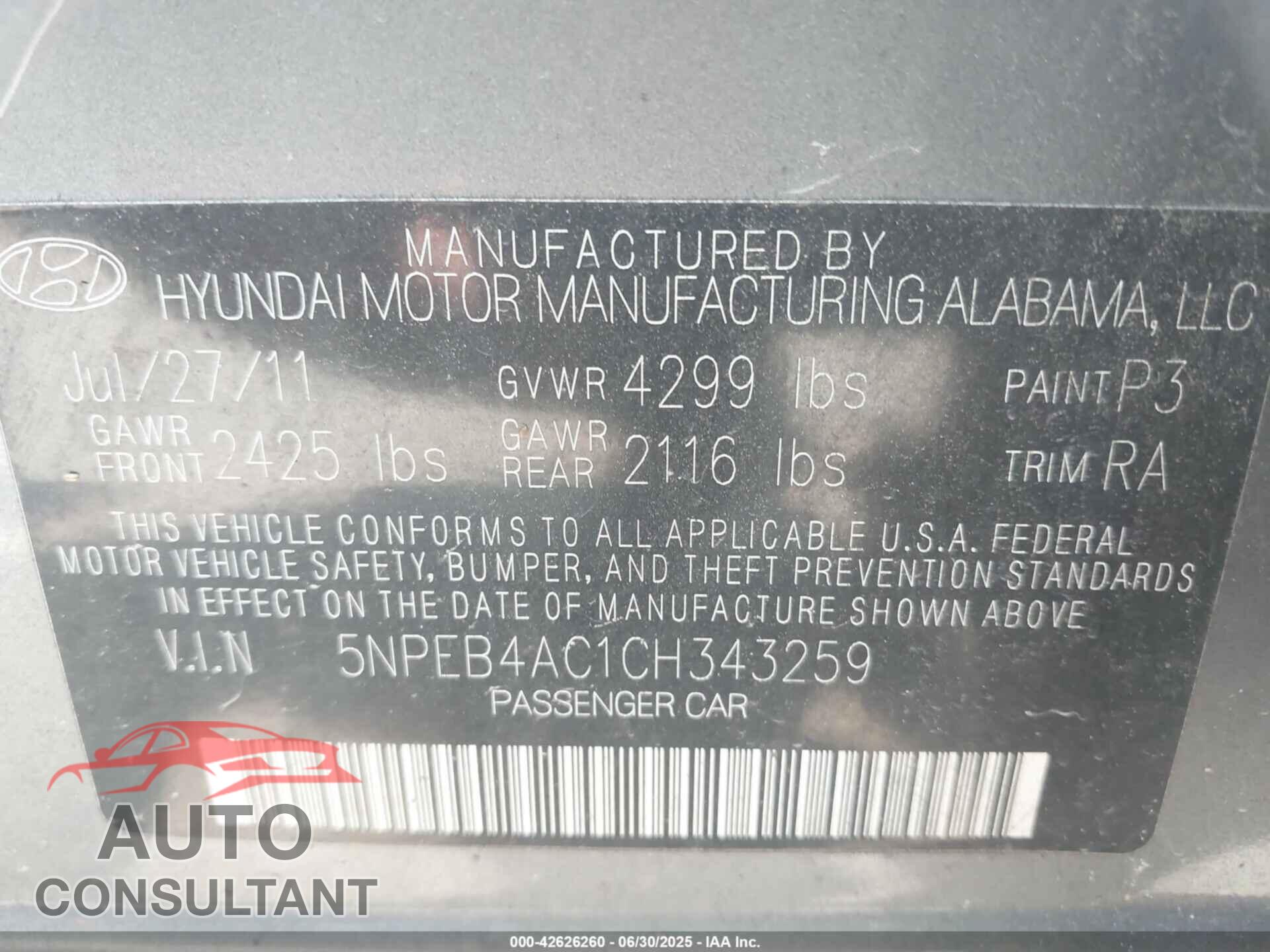 HYUNDAI SONATA 2012 - 5NPEB4AC1CH343259