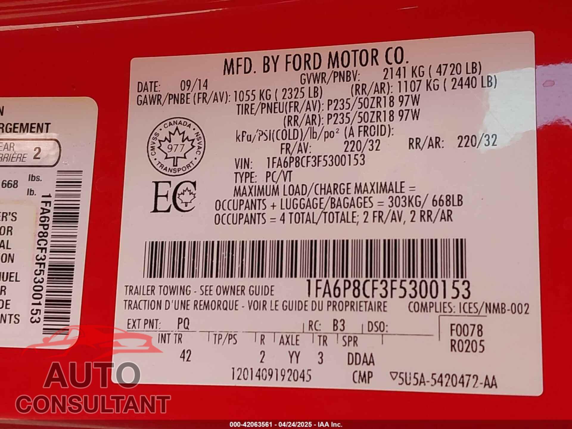 FORD MUSTANG 2015 - 1FA6P8CF3F5300153