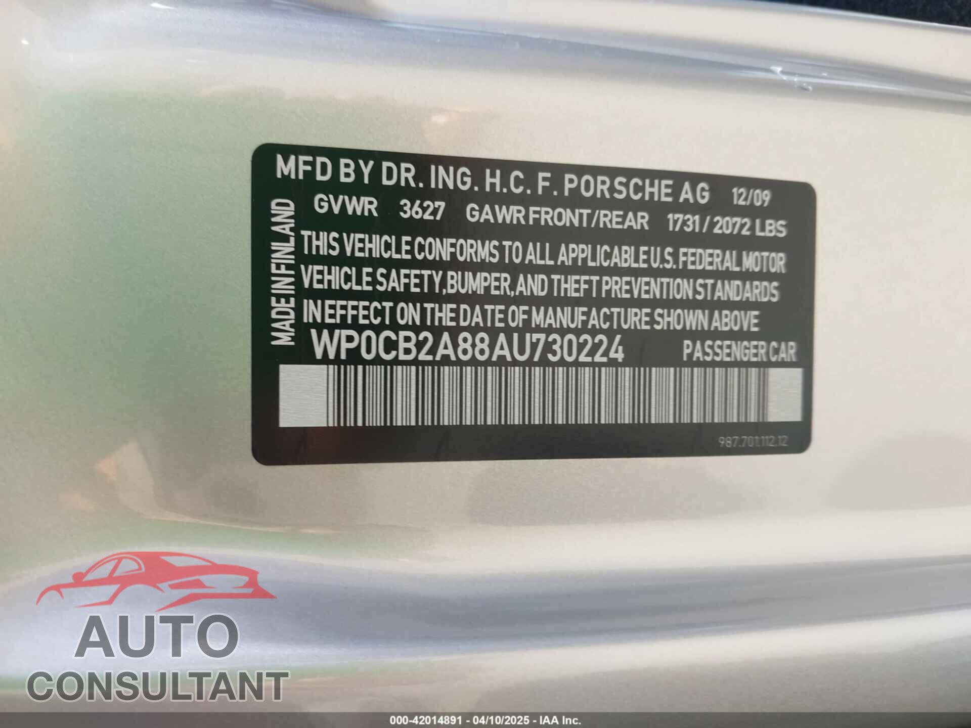 PORSCHE BOXSTER 2010 - WP0CB2A88AU730224