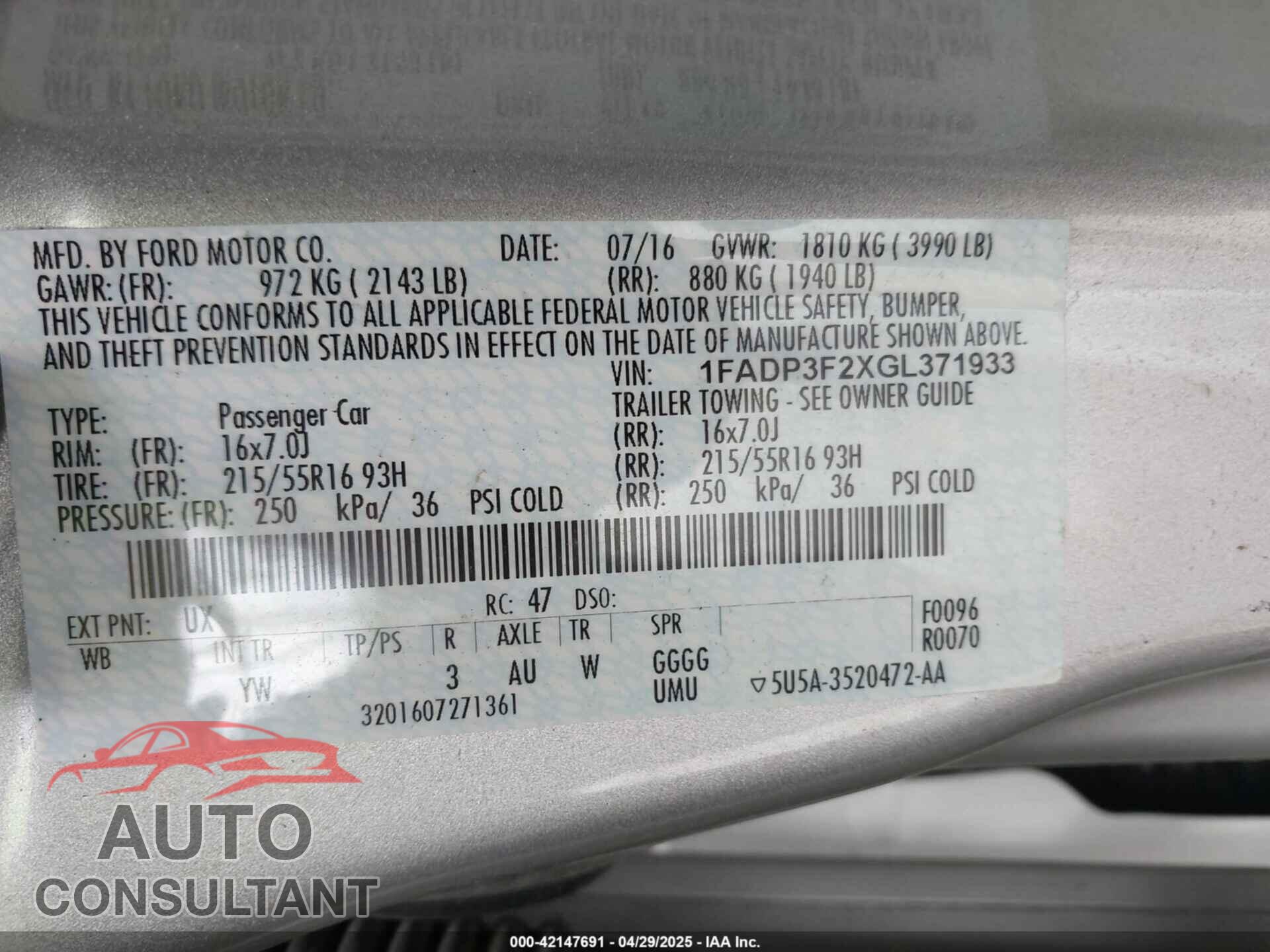 FORD FOCUS 2016 - 1FADP3F2XGL371933