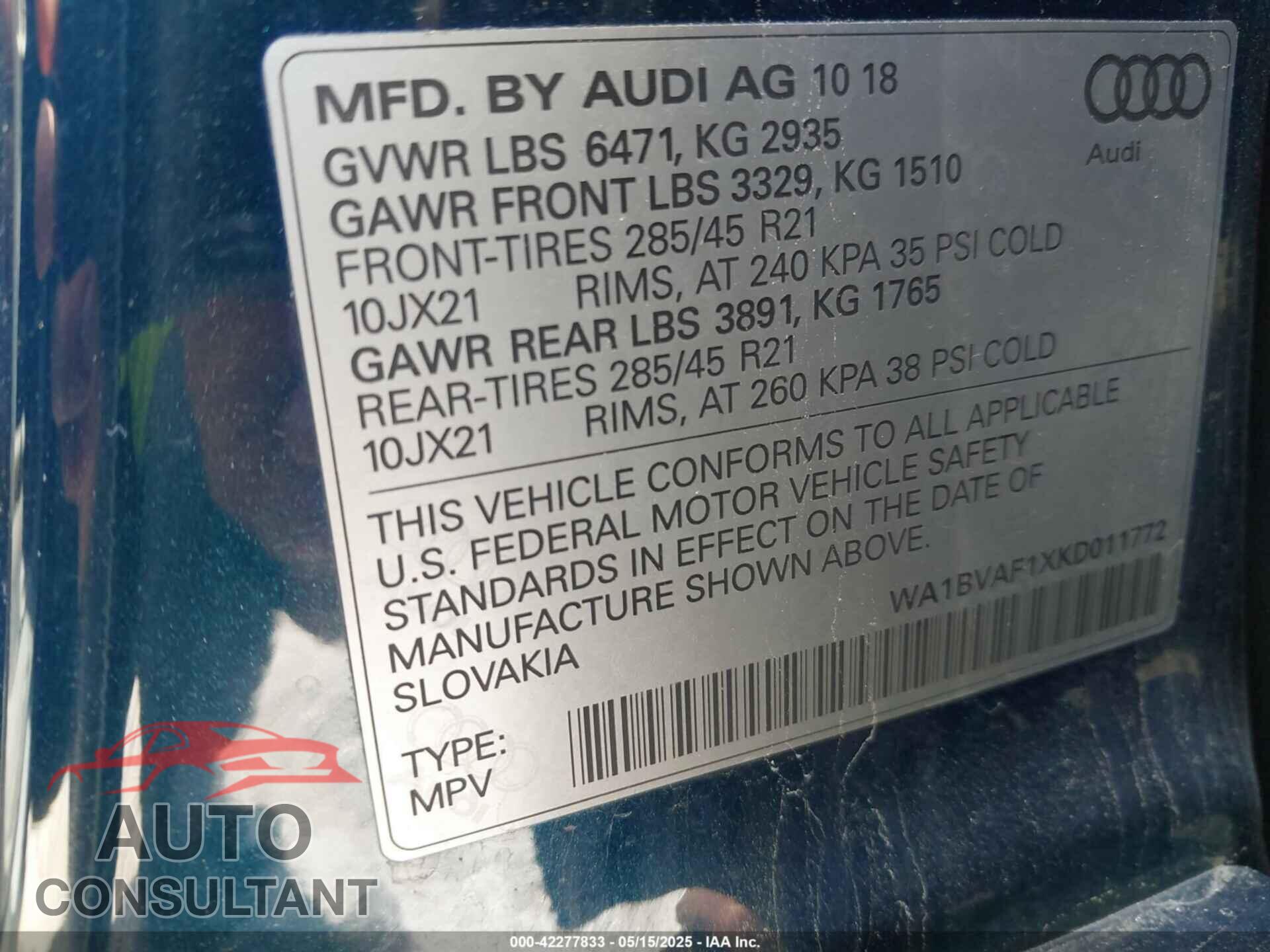 AUDI Q8 2019 - WA1BVAF1XKD011772