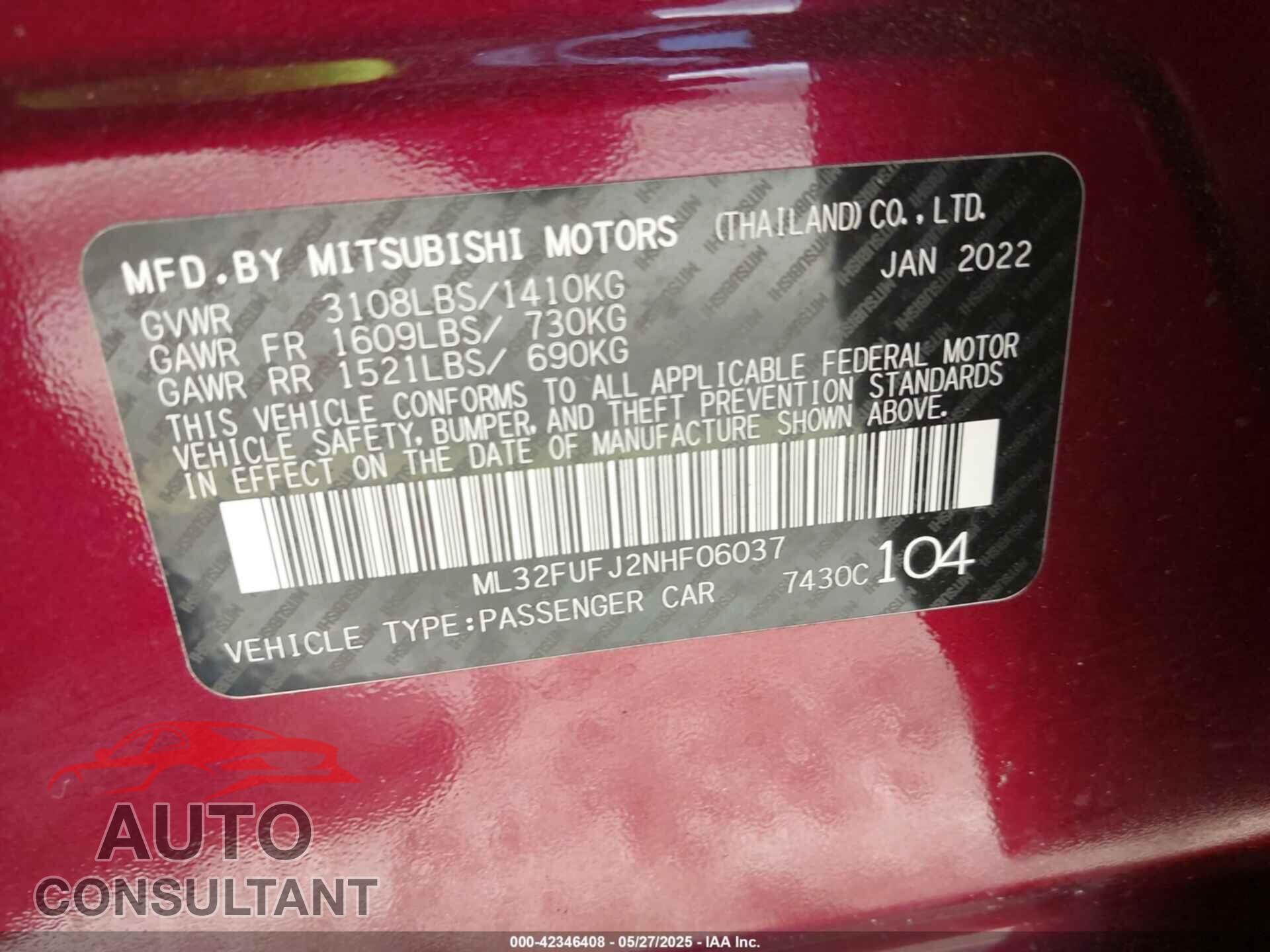 MITSUBISHI MIRAGE G4 2022 - ML32FUFJ2NHF06037