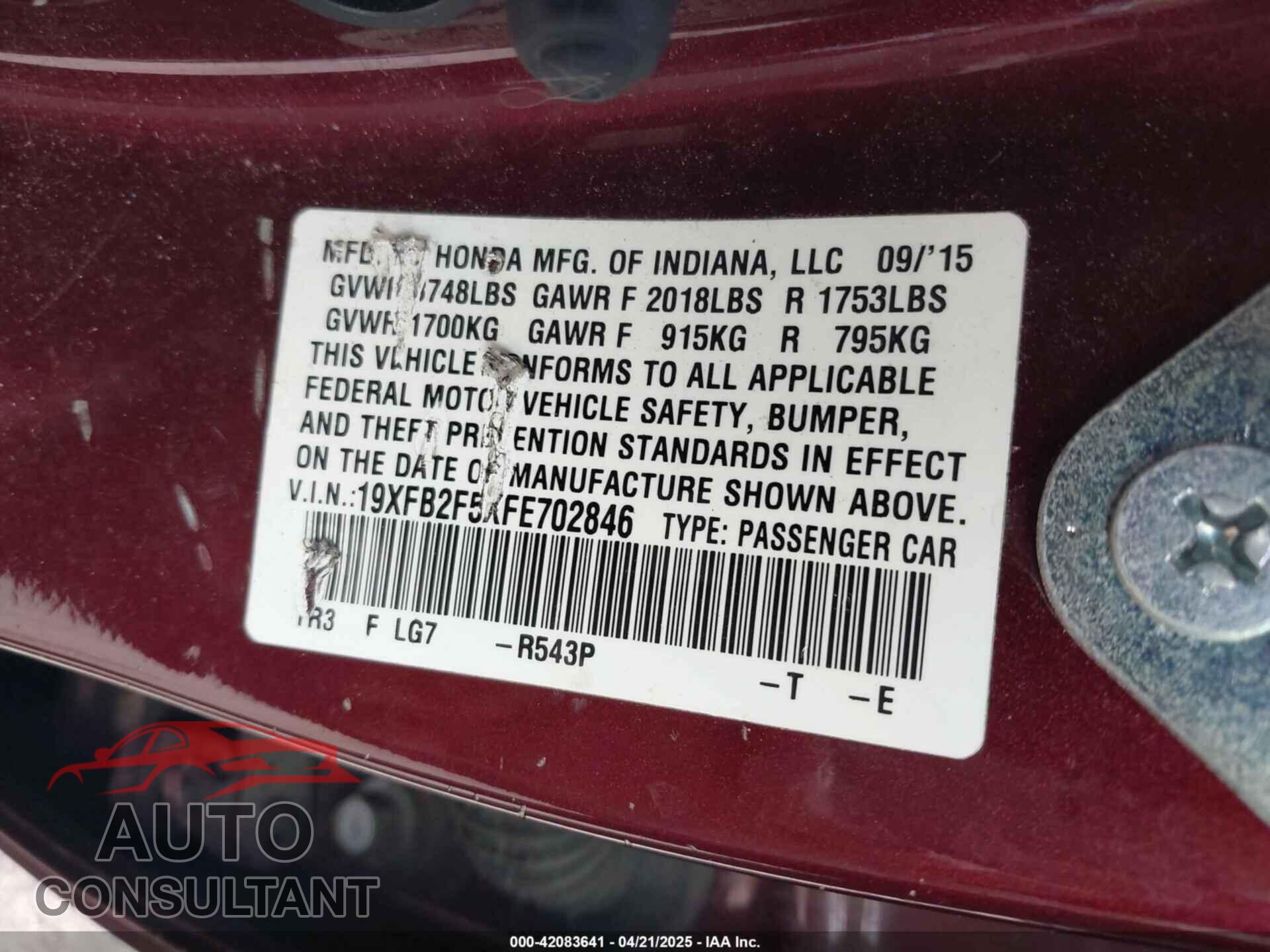 HONDA CIVIC 2015 - 19XFB2F5XFE702846