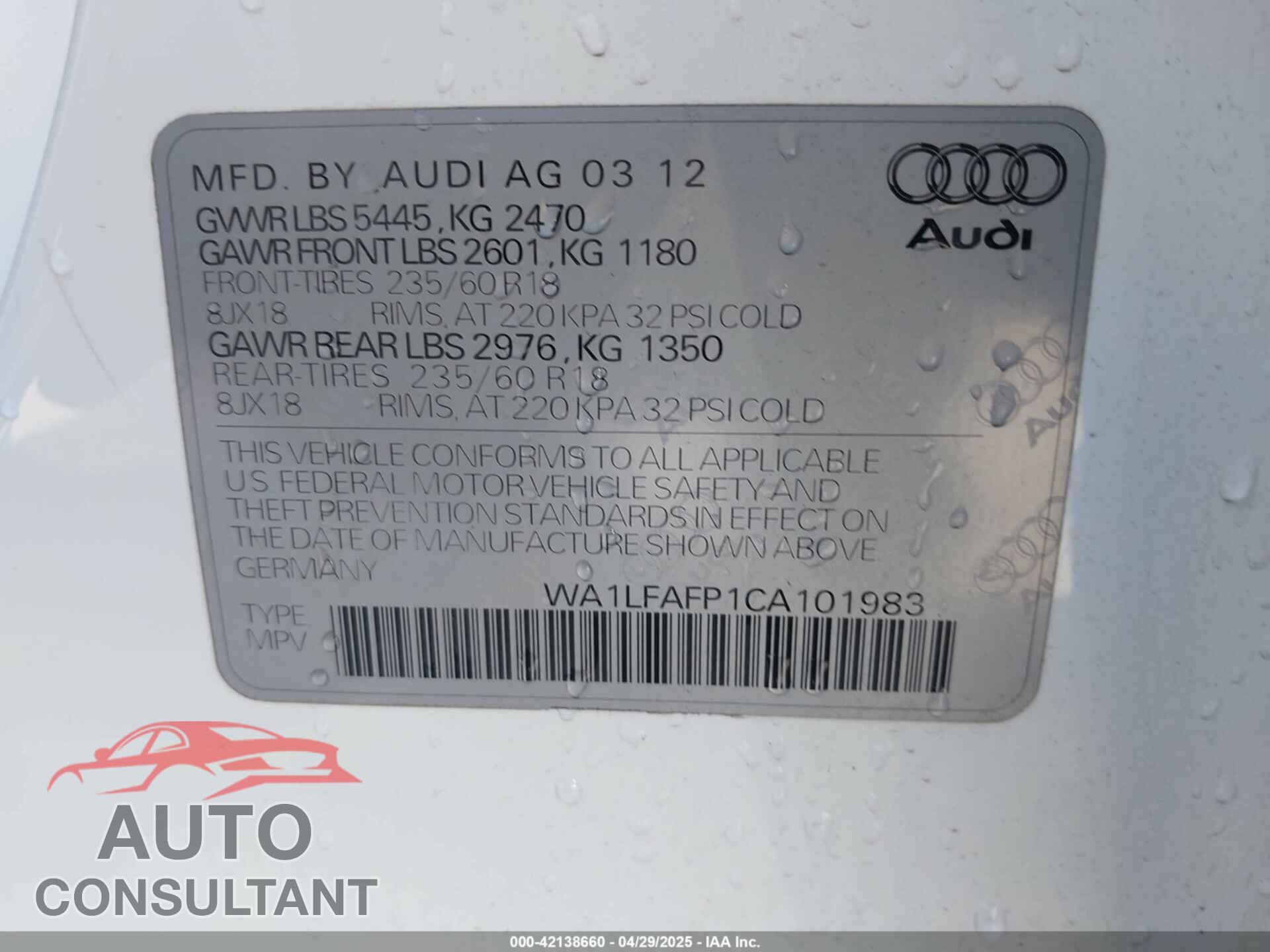 AUDI Q5 2012 - WA1LFAFP1CA101983