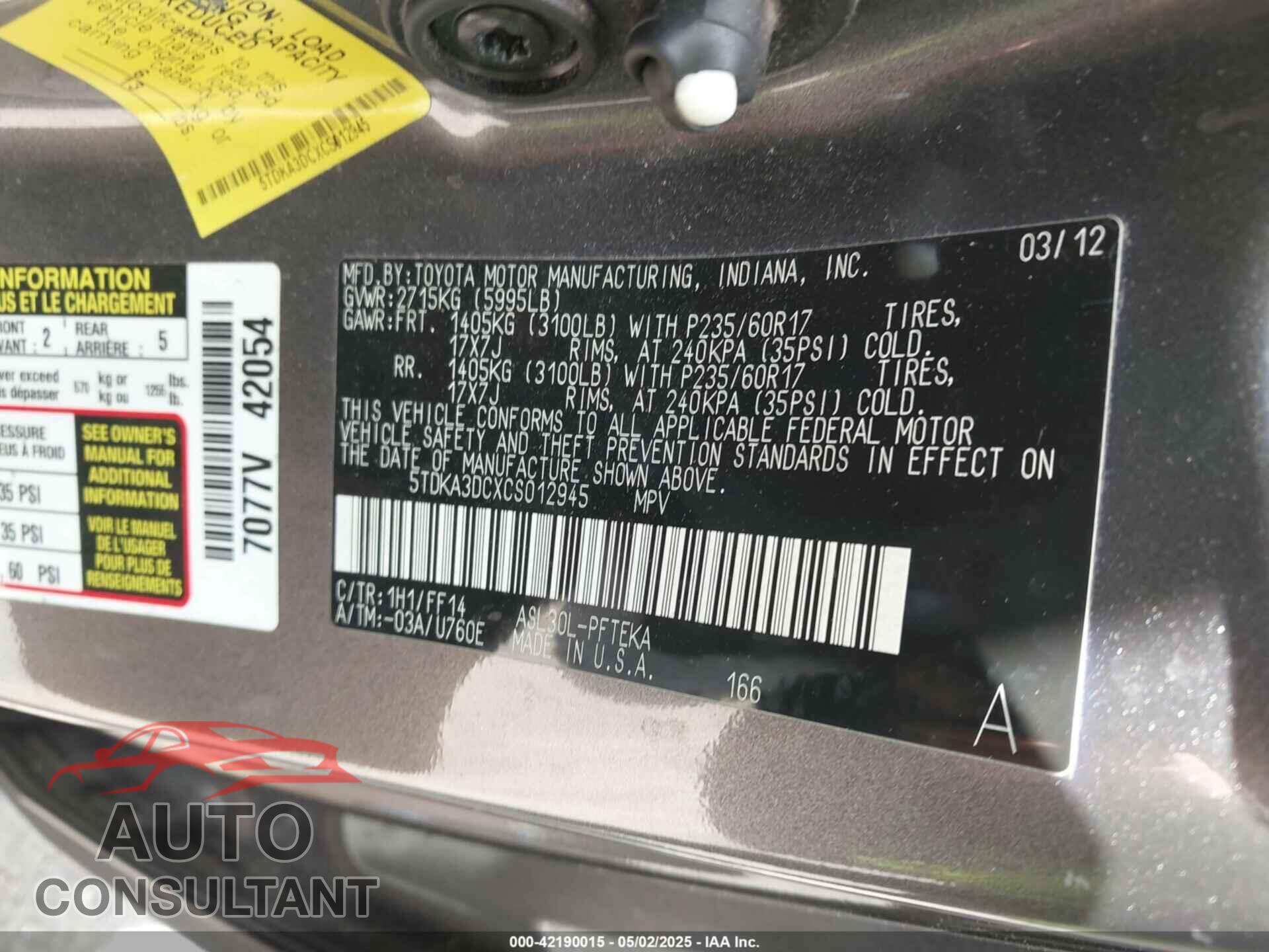 TOYOTA SIENNA 2012 - 5TDKA3DCXCS012945