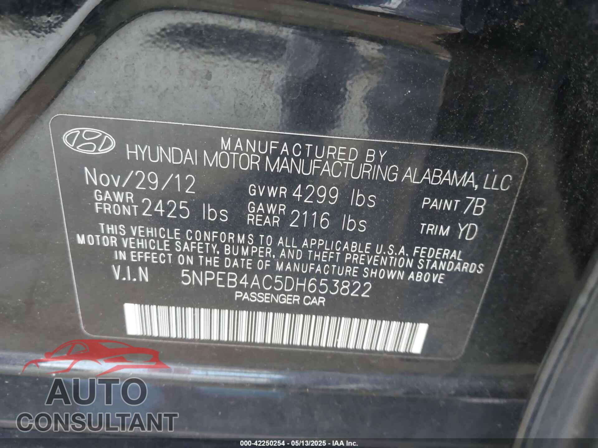 HYUNDAI SONATA 2013 - 5NPEB4AC5DH653822