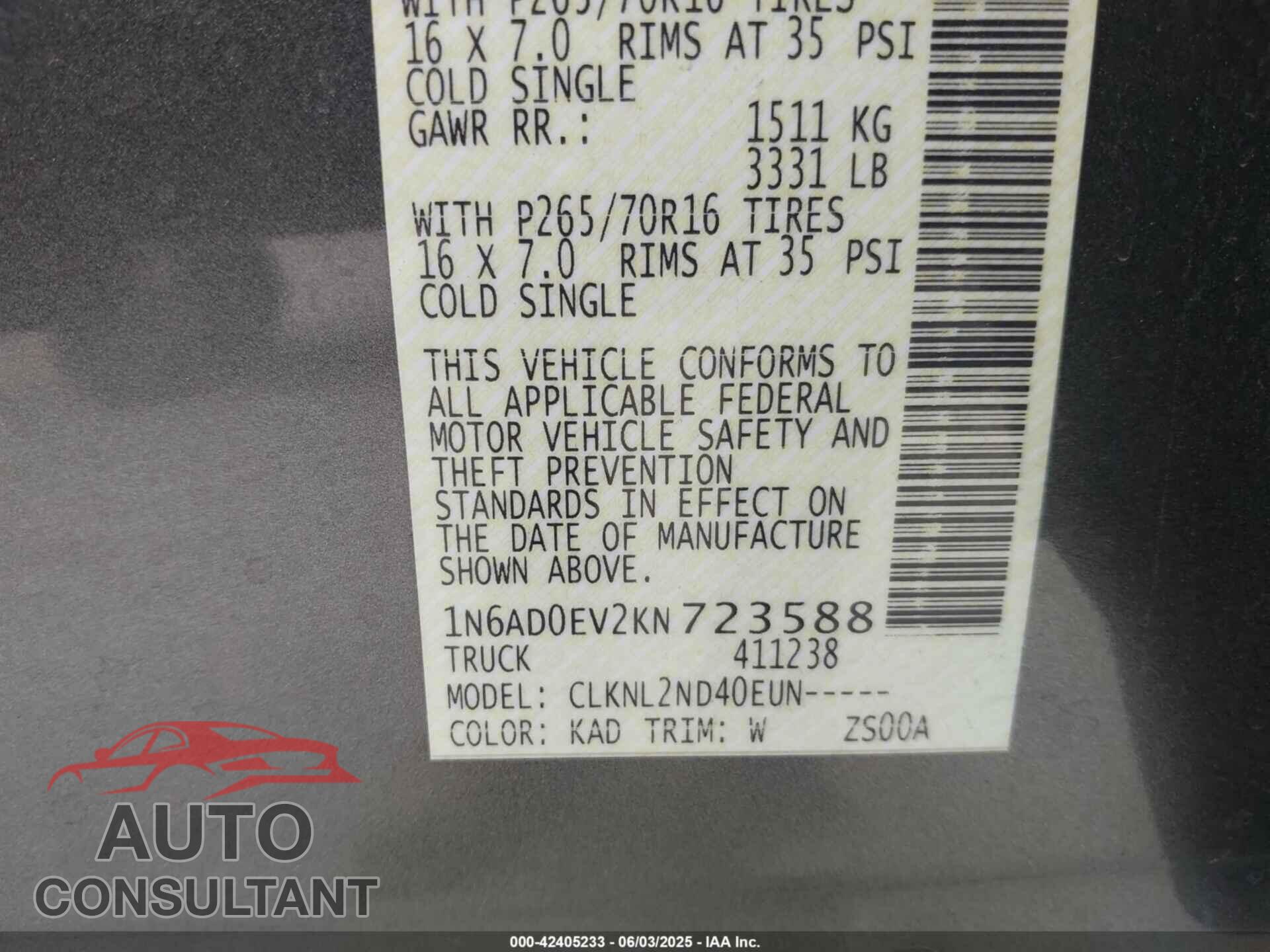 NISSAN FRONTIER 2019 - 1N6AD0EV2KN723588