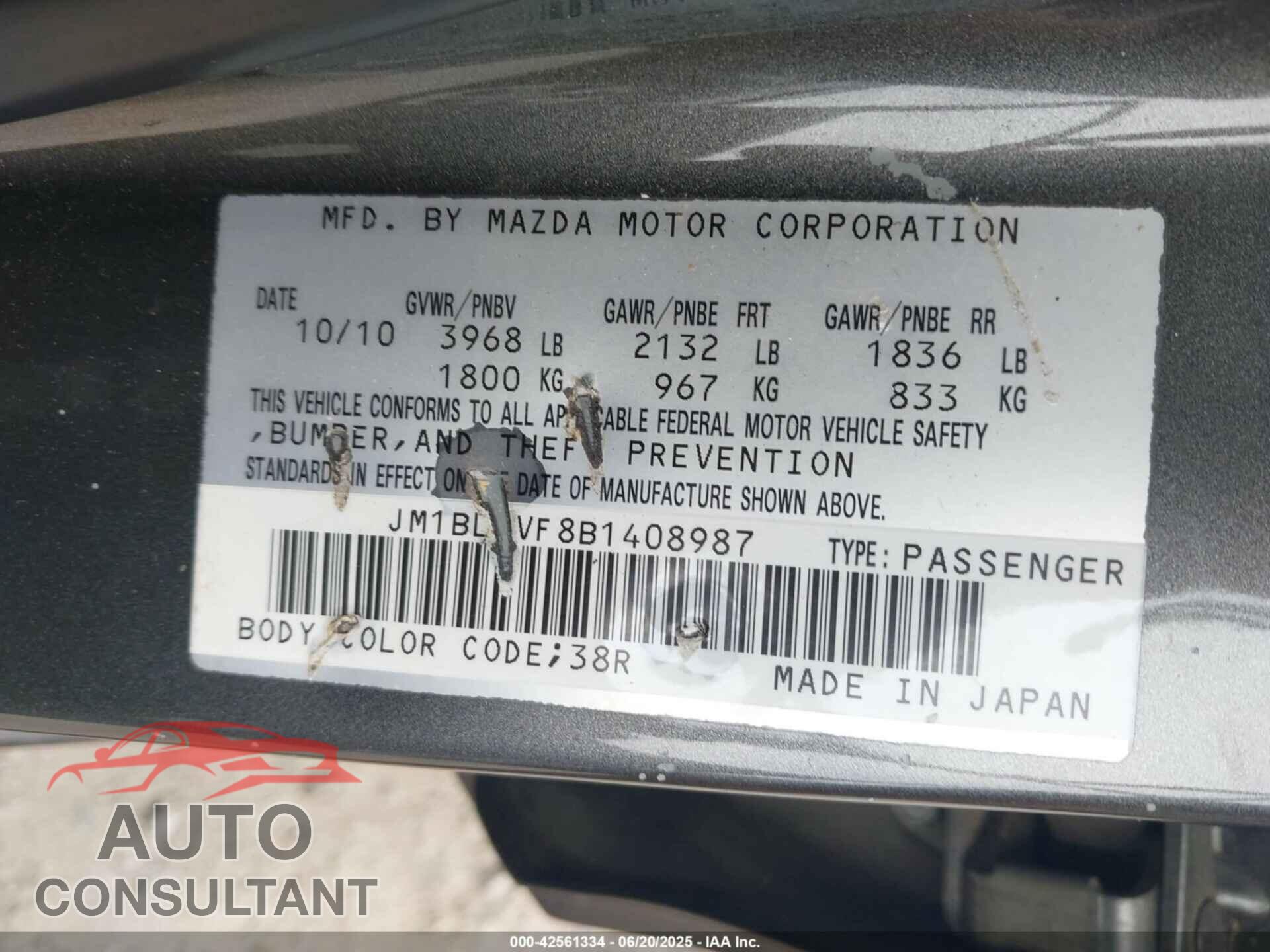MAZDA MAZDA3 2011 - JM1BL1VF8B1408987