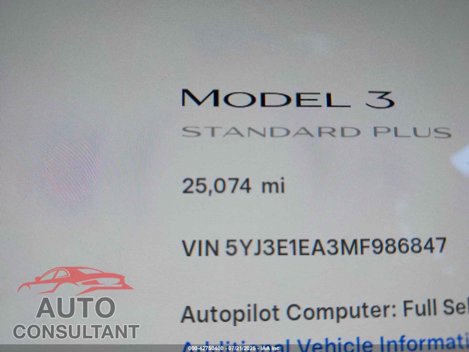 TESLA MODEL 3 2021 - 5YJ3E1EA3MF986847