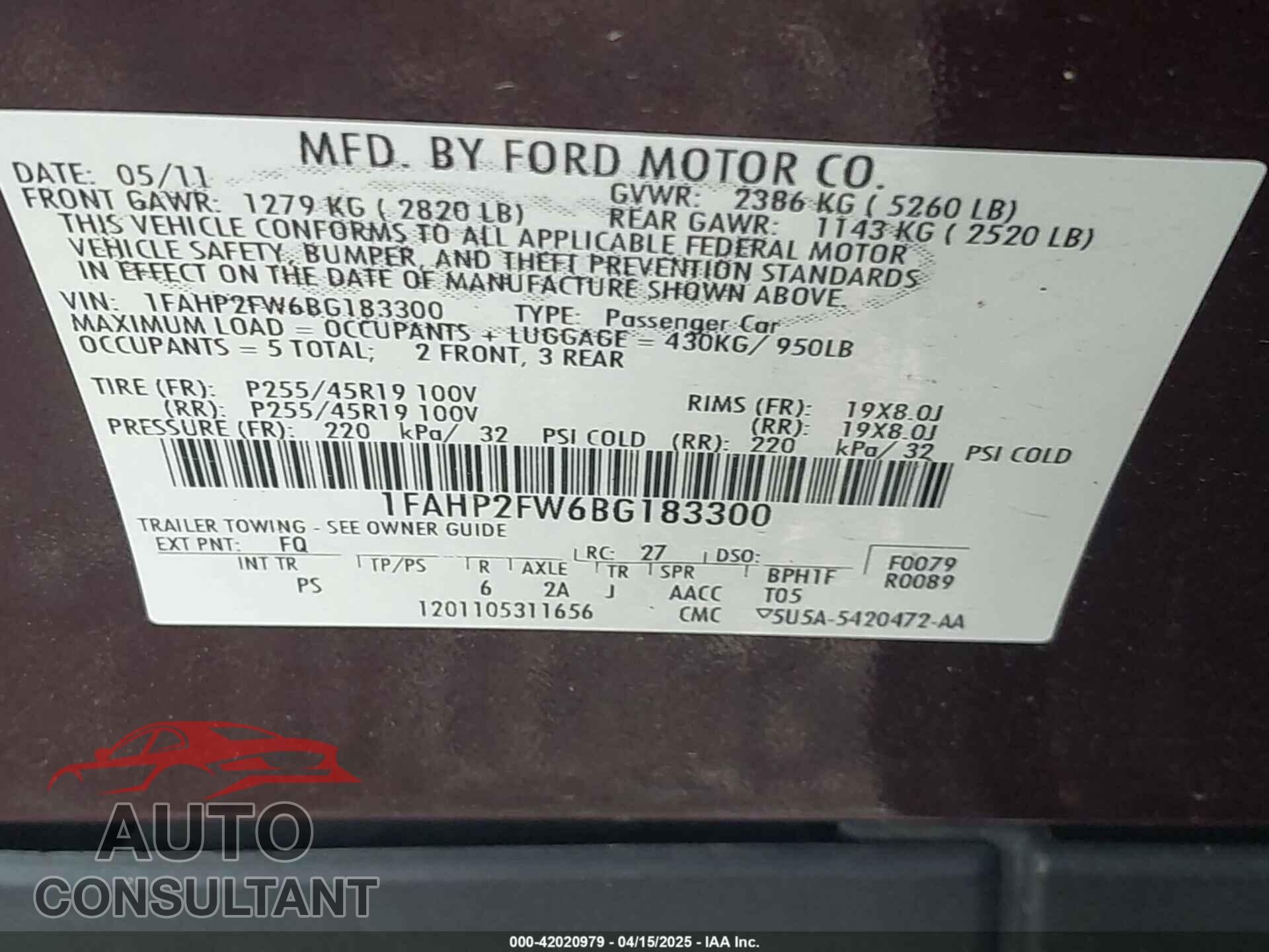 FORD TAURUS 2011 - 1FAHP2FW6BG183300