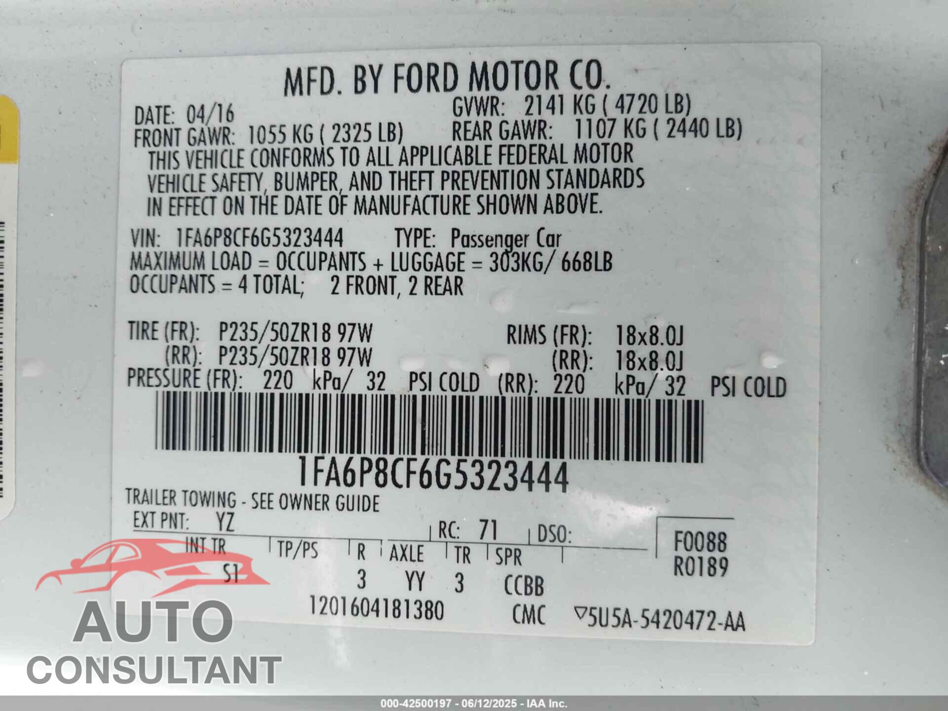 FORD MUSTANG 2016 - 1FA6P8CF6G5323444