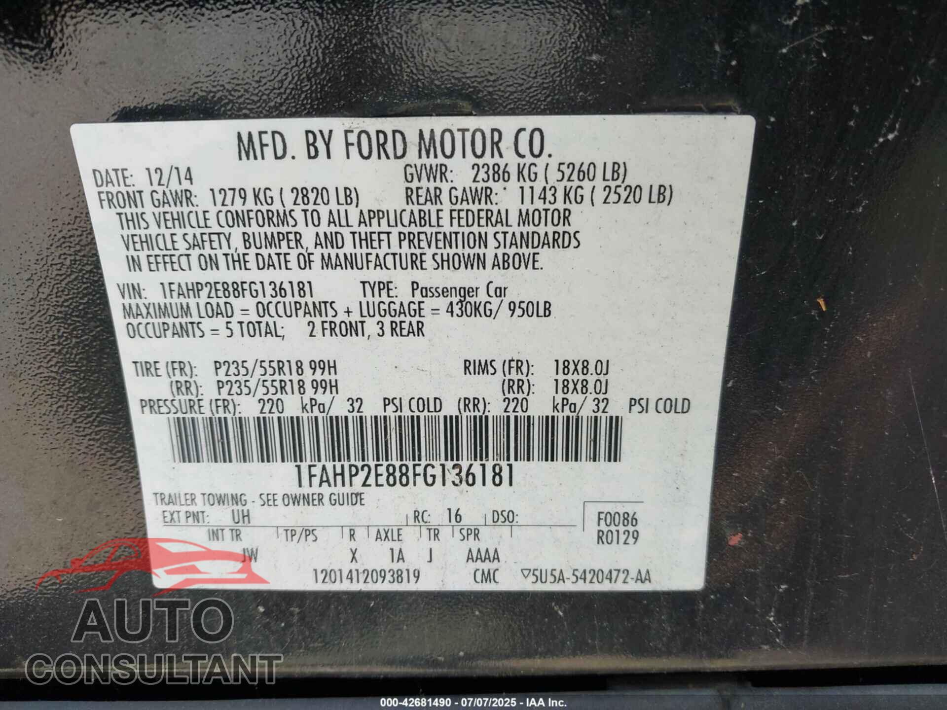 FORD TAURUS 2015 - 1FAHP2E88FG136181