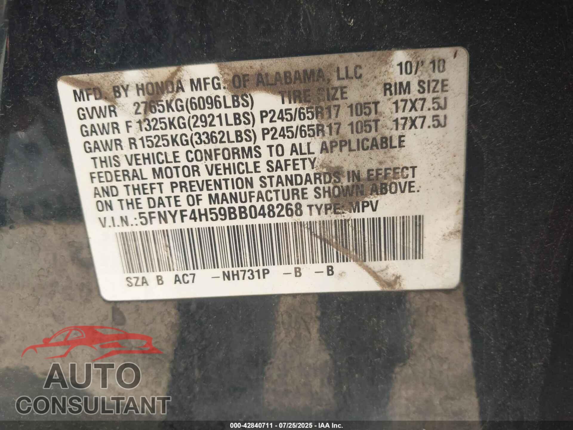 HONDA PILOT 2011 - 5FNYF4H59BB048268
