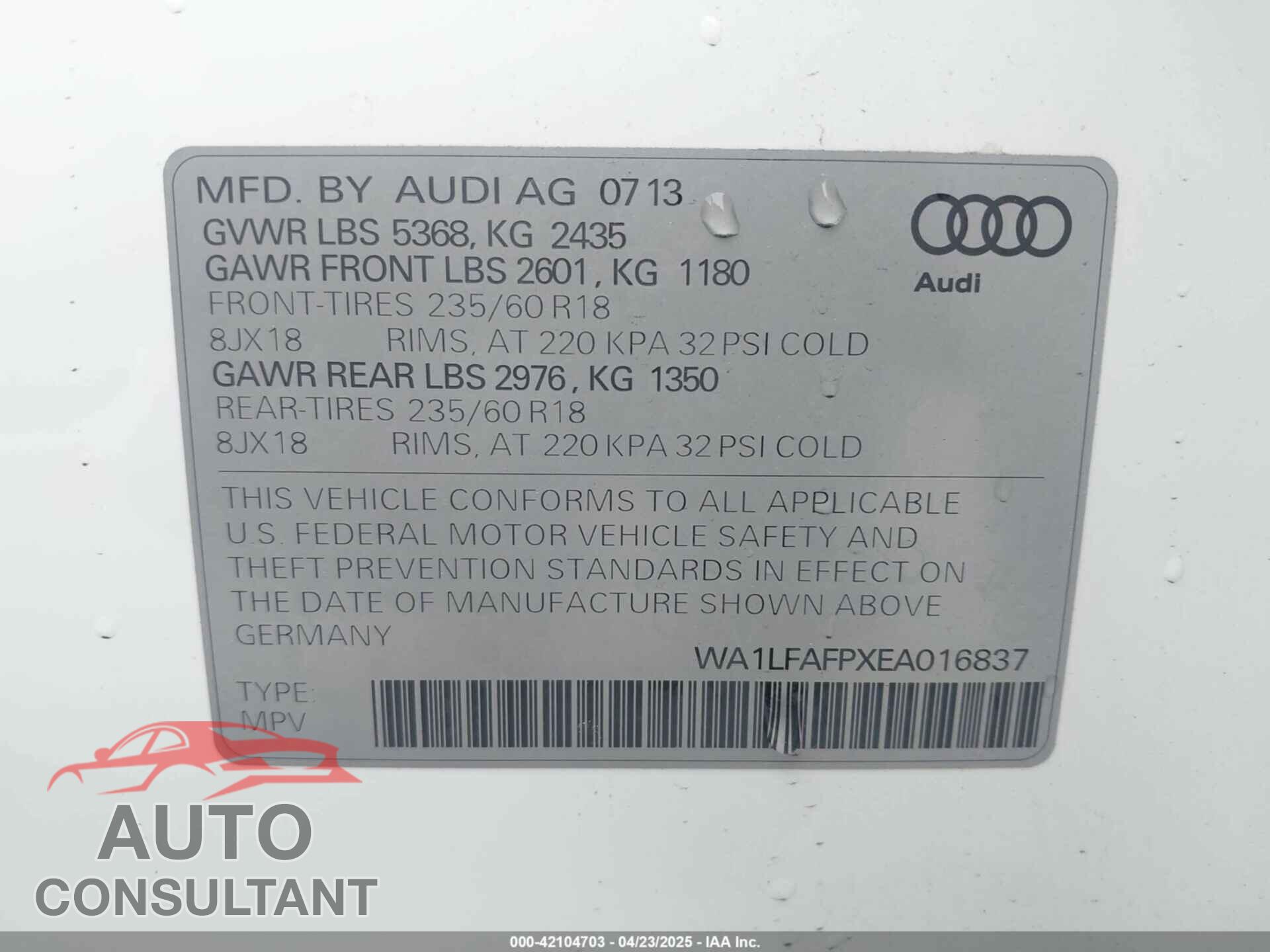AUDI Q5 2014 - WA1LFAFPXEA016837