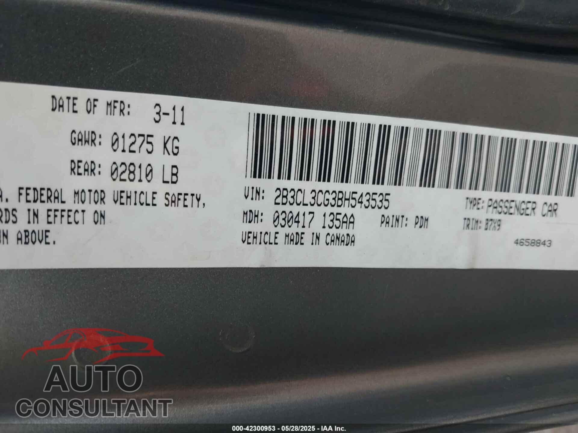 DODGE CHARGER 2011 - 2B3CL3CG3BH543535