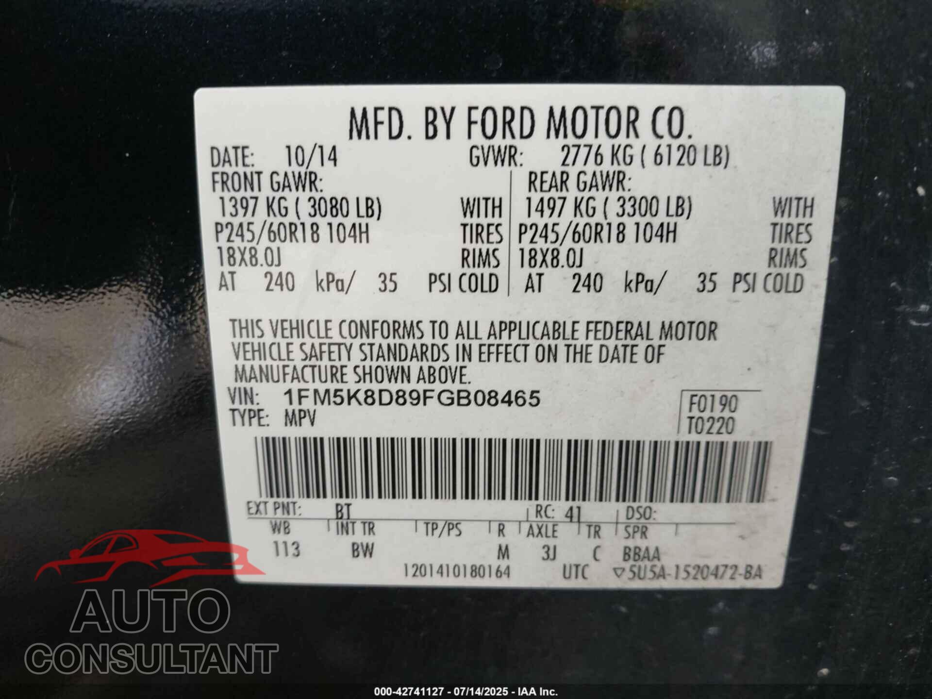 FORD EXPLORER 2015 - 1FM5K8D89FGB08465