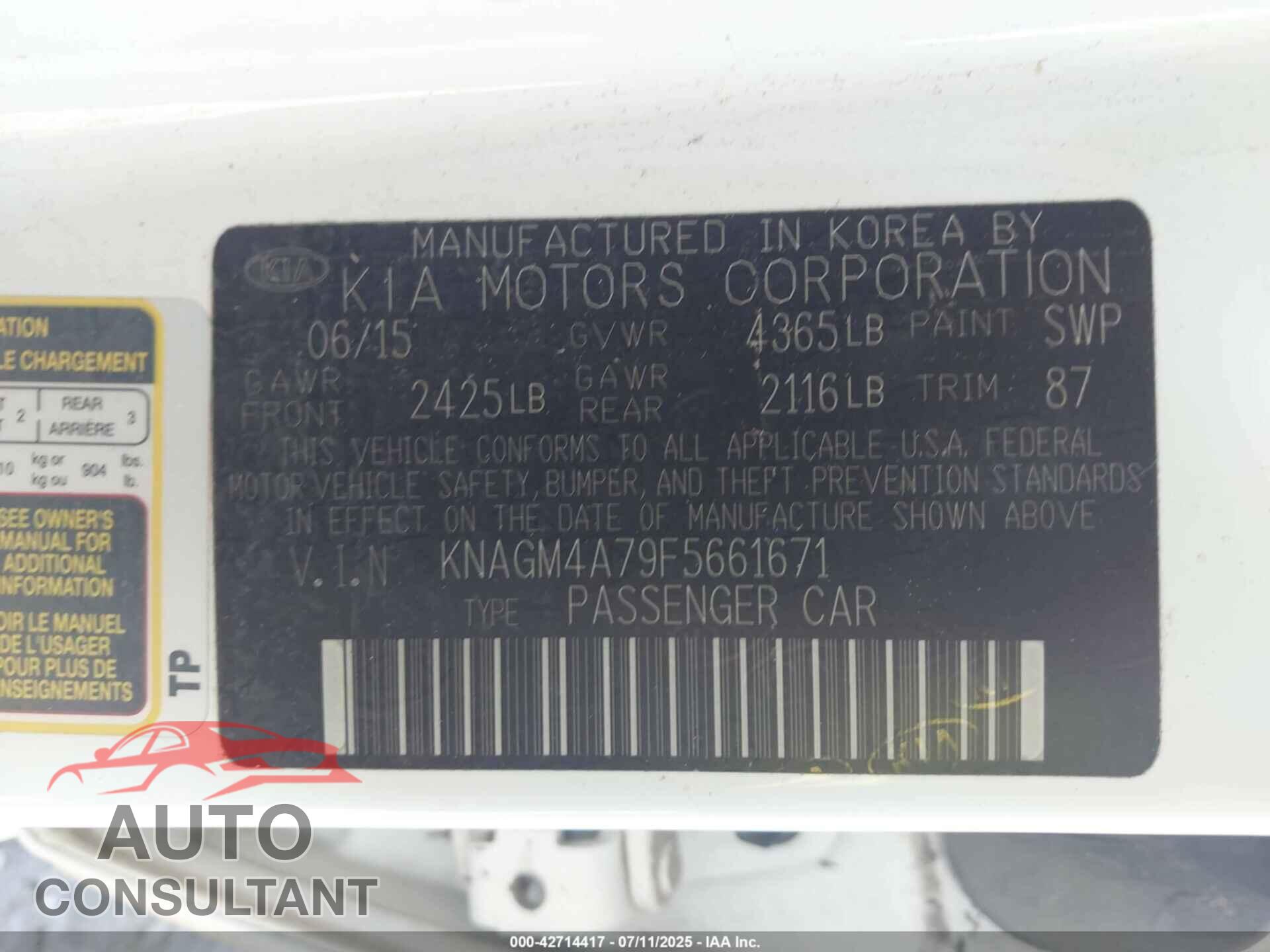 KIA OPTIMA 2015 - KNAGM4A79F5661671