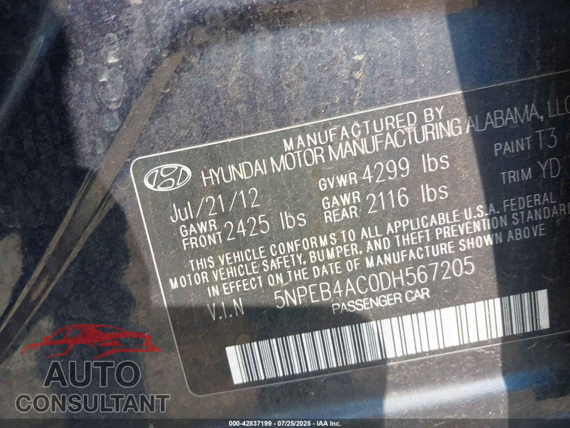 HYUNDAI SONATA 2013 - 5NPEB4AC0DH567205