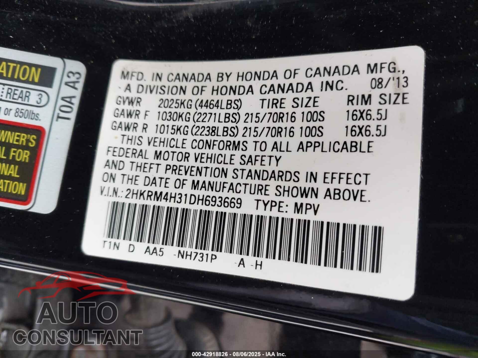 HONDA CR-V 2013 - 2HKRM4H31DH693669