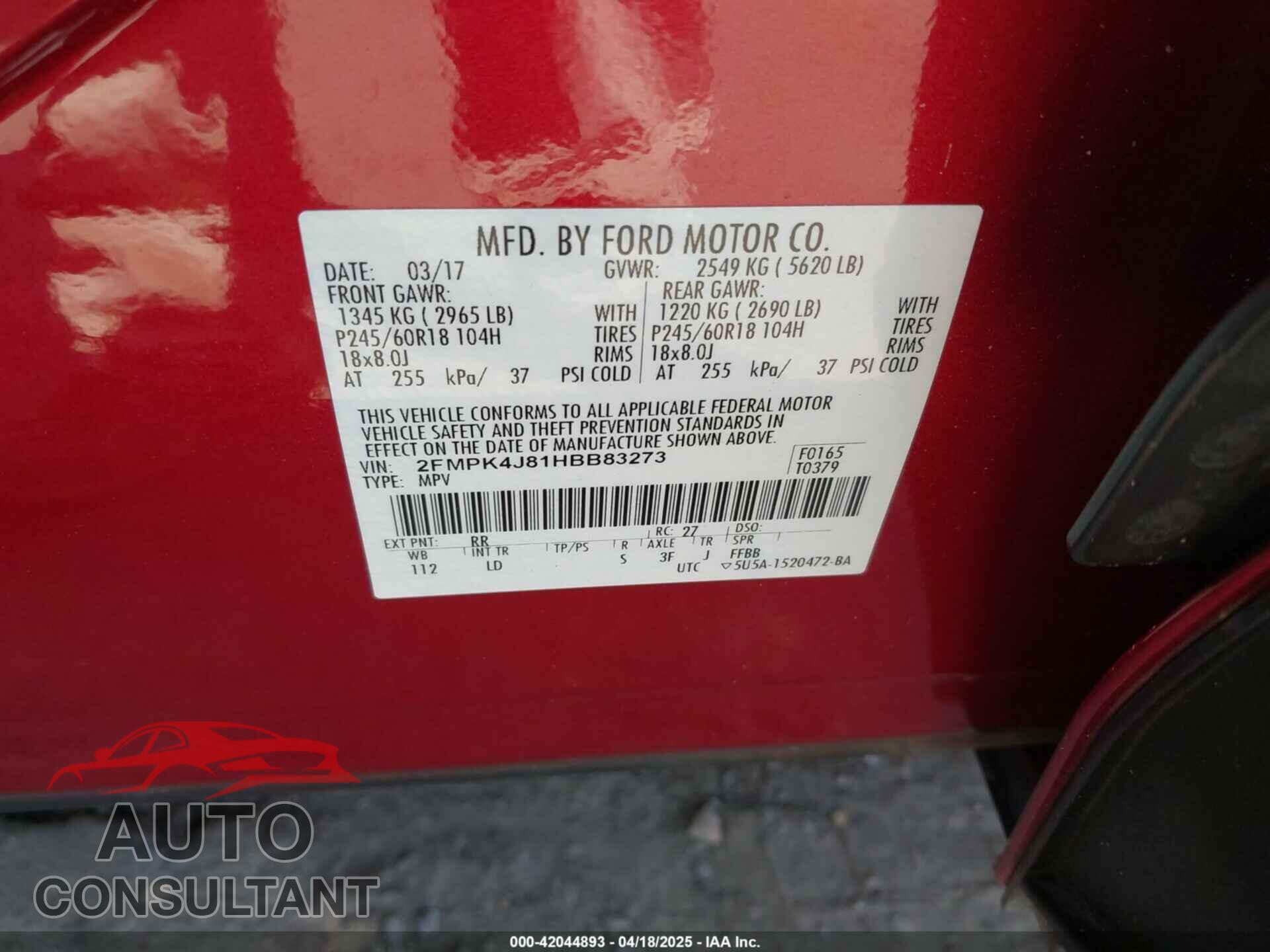 FORD EDGE 2017 - 2FMPK4J81HBB83273