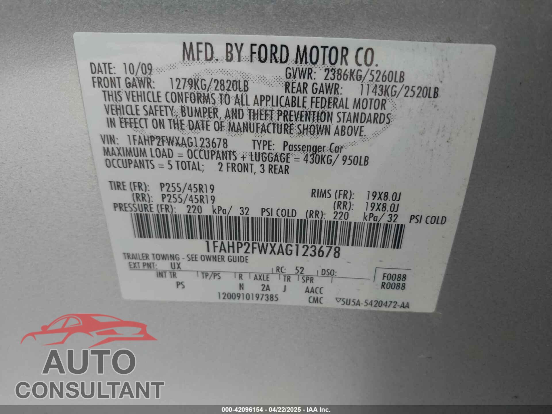FORD TAURUS 2010 - 1FAHP2FWXAG123678