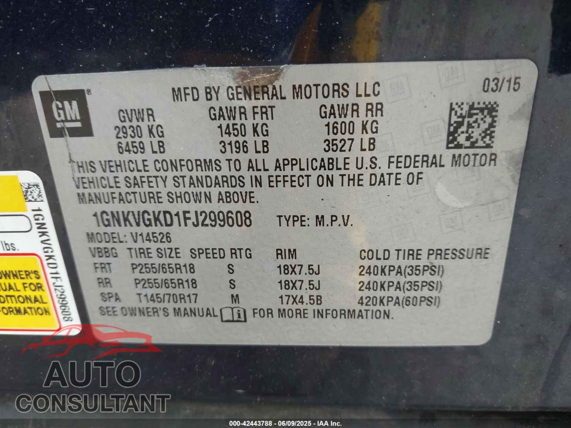 CHEVROLET TRAVERSE 2015 - 1GNKVGKD1FJ299608