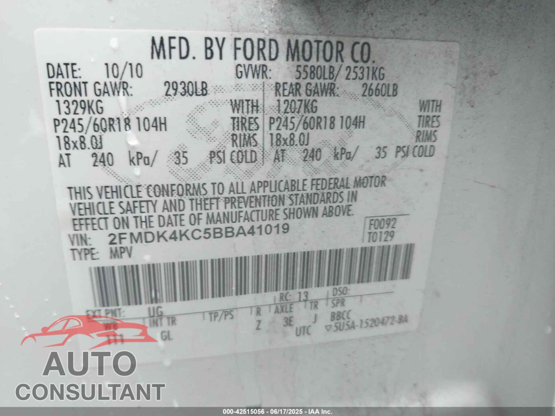 FORD EDGE 2011 - 2FMDK4KC5BBA41019