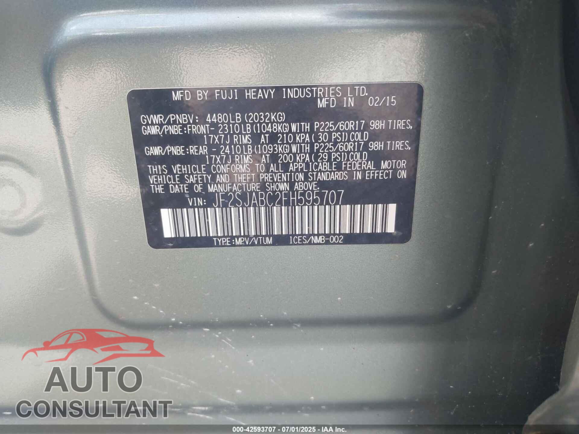 SUBARU FORESTER 2015 - JF2SJABC2FH595707
