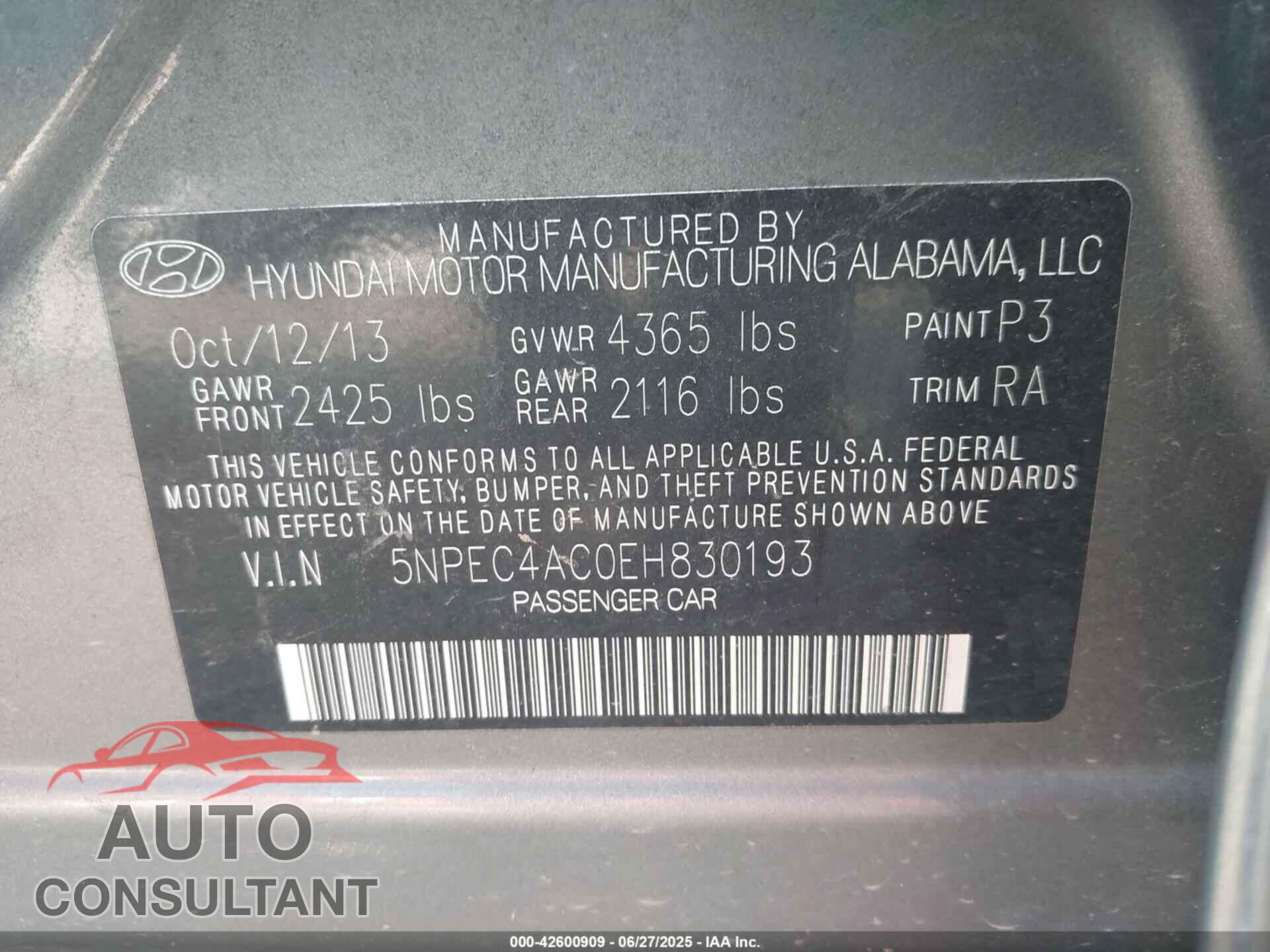 HYUNDAI SONATA 2014 - 5NPEC4AC0EH830193