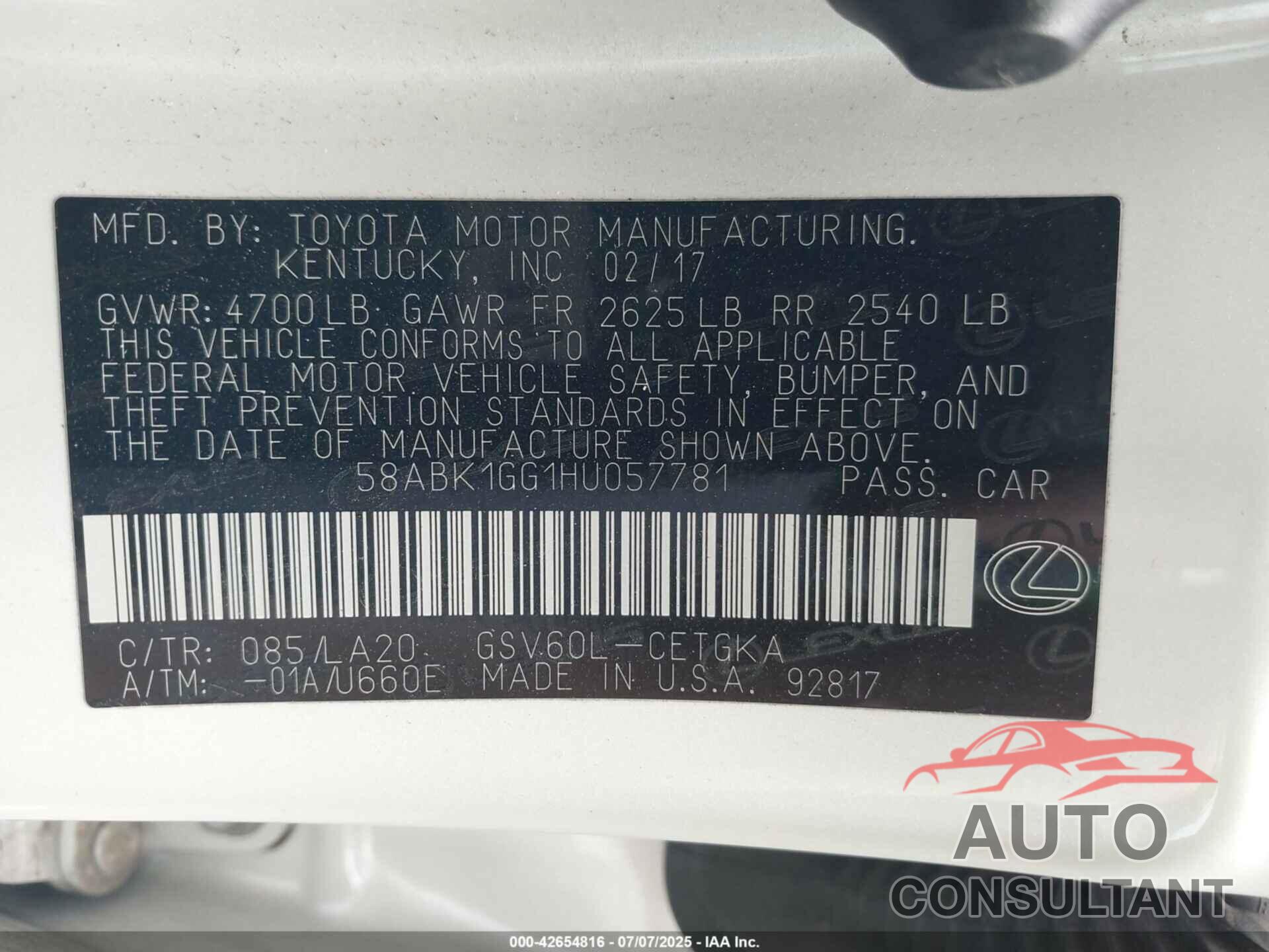 LEXUS ES 350 2017 - 58ABK1GG1HU057781