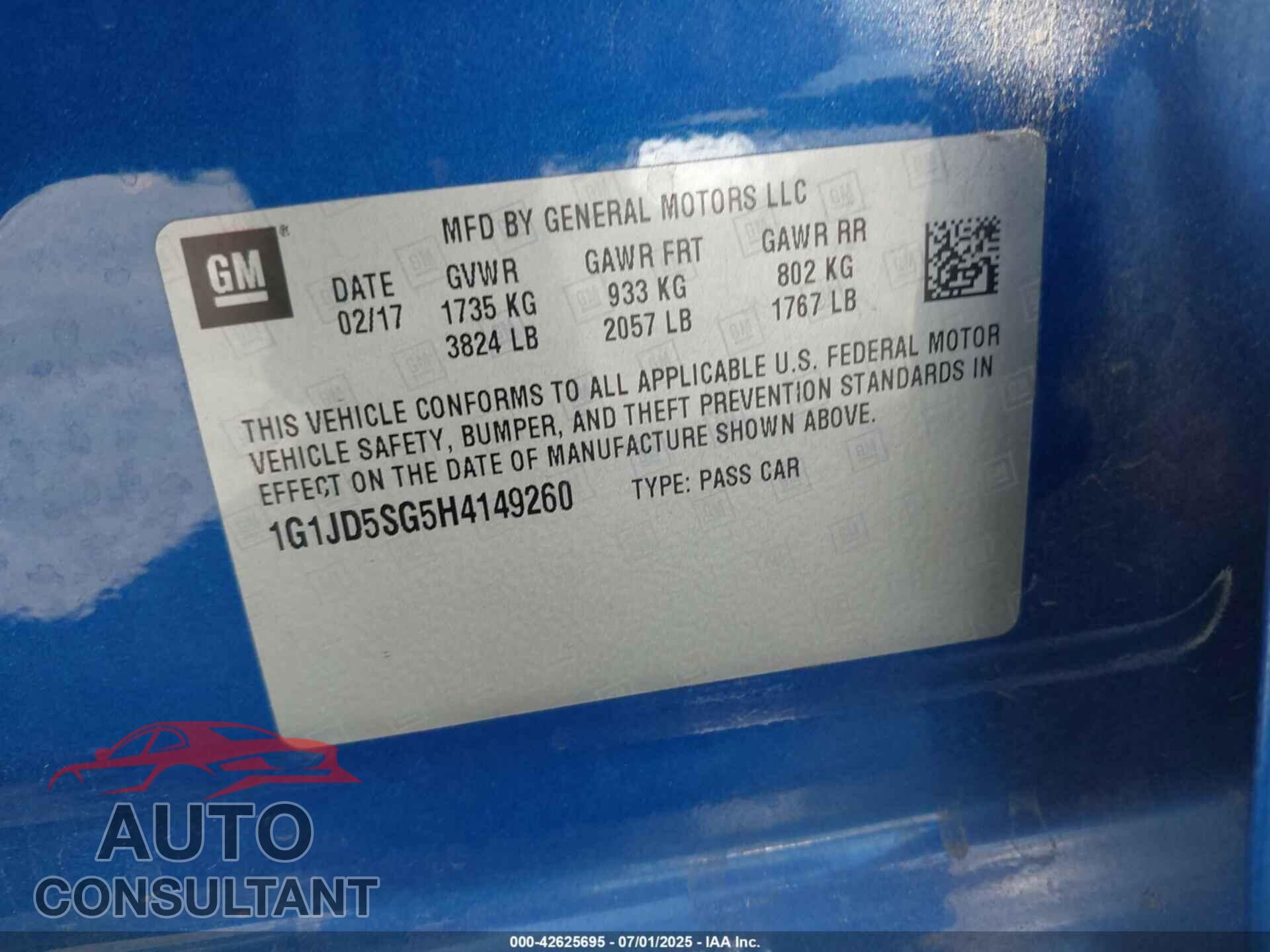 CHEVROLET SONIC 2017 - 1G1JD5SG5H4149260