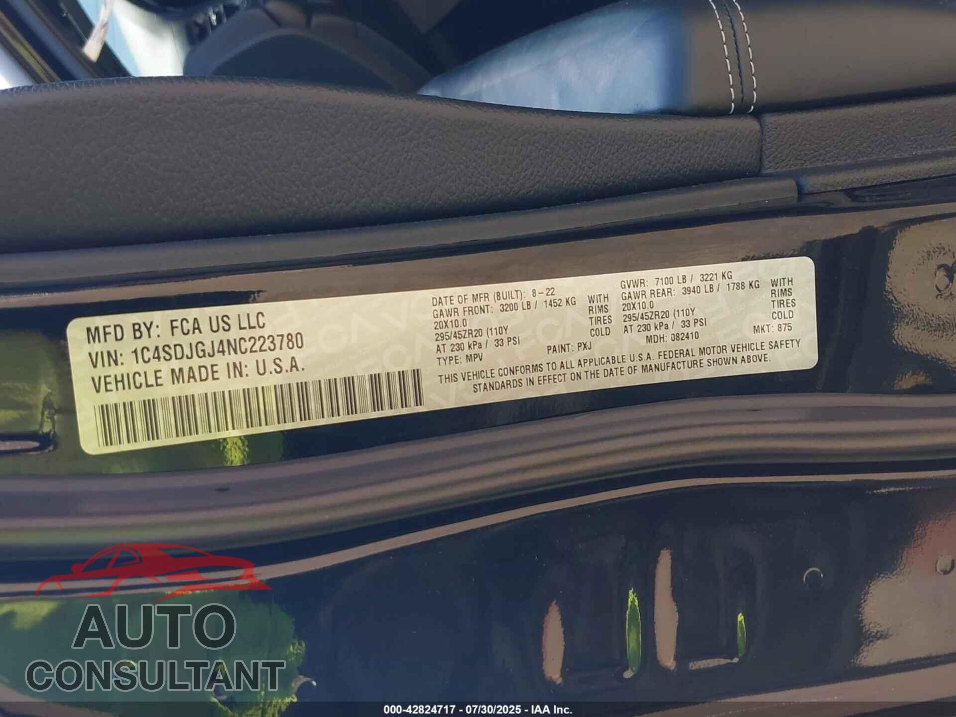 DODGE DURANGO 2022 - 1C4SDJGJ4NC223780