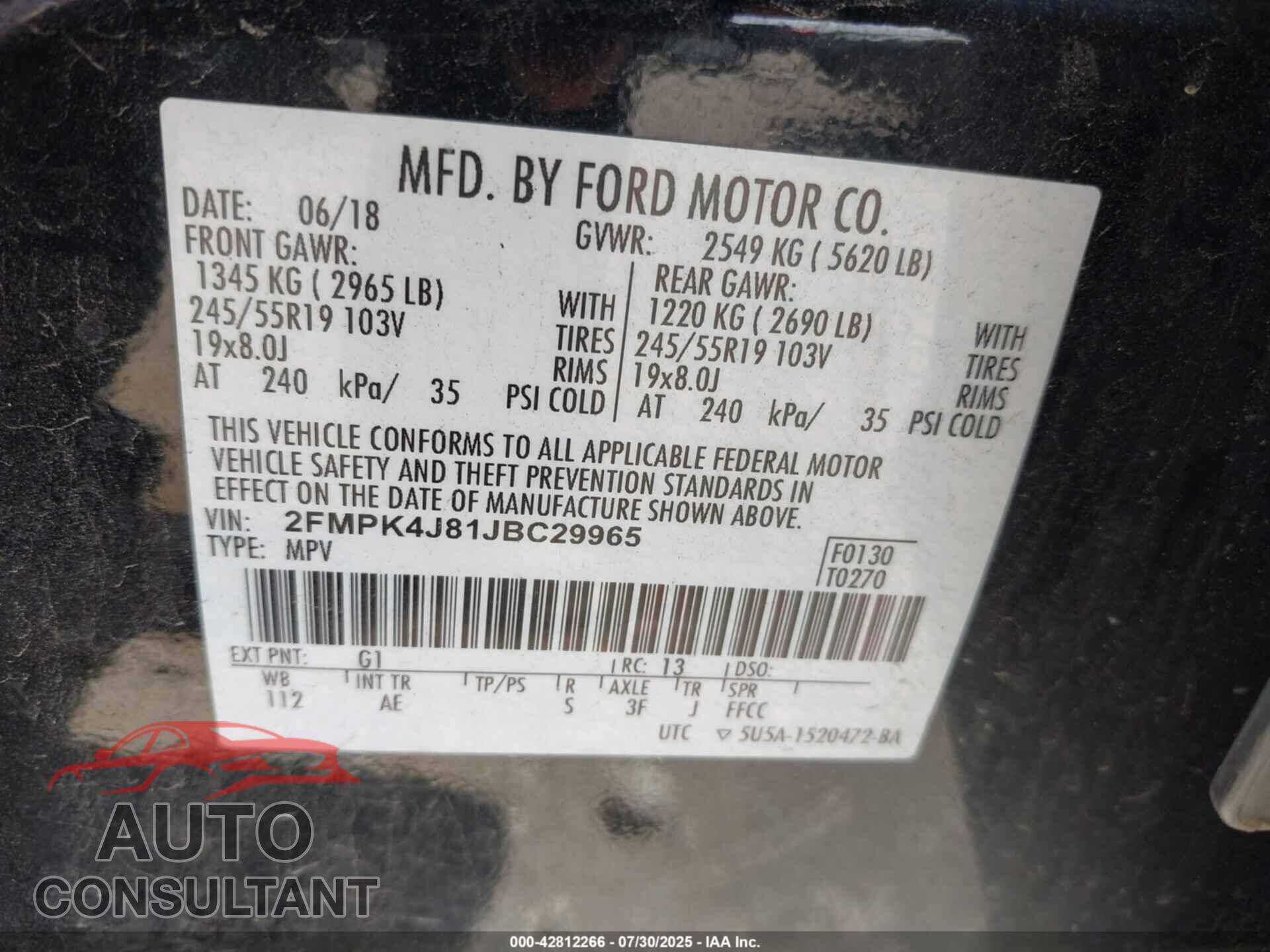 FORD EDGE 2018 - 2FMPK4J81JBC29965