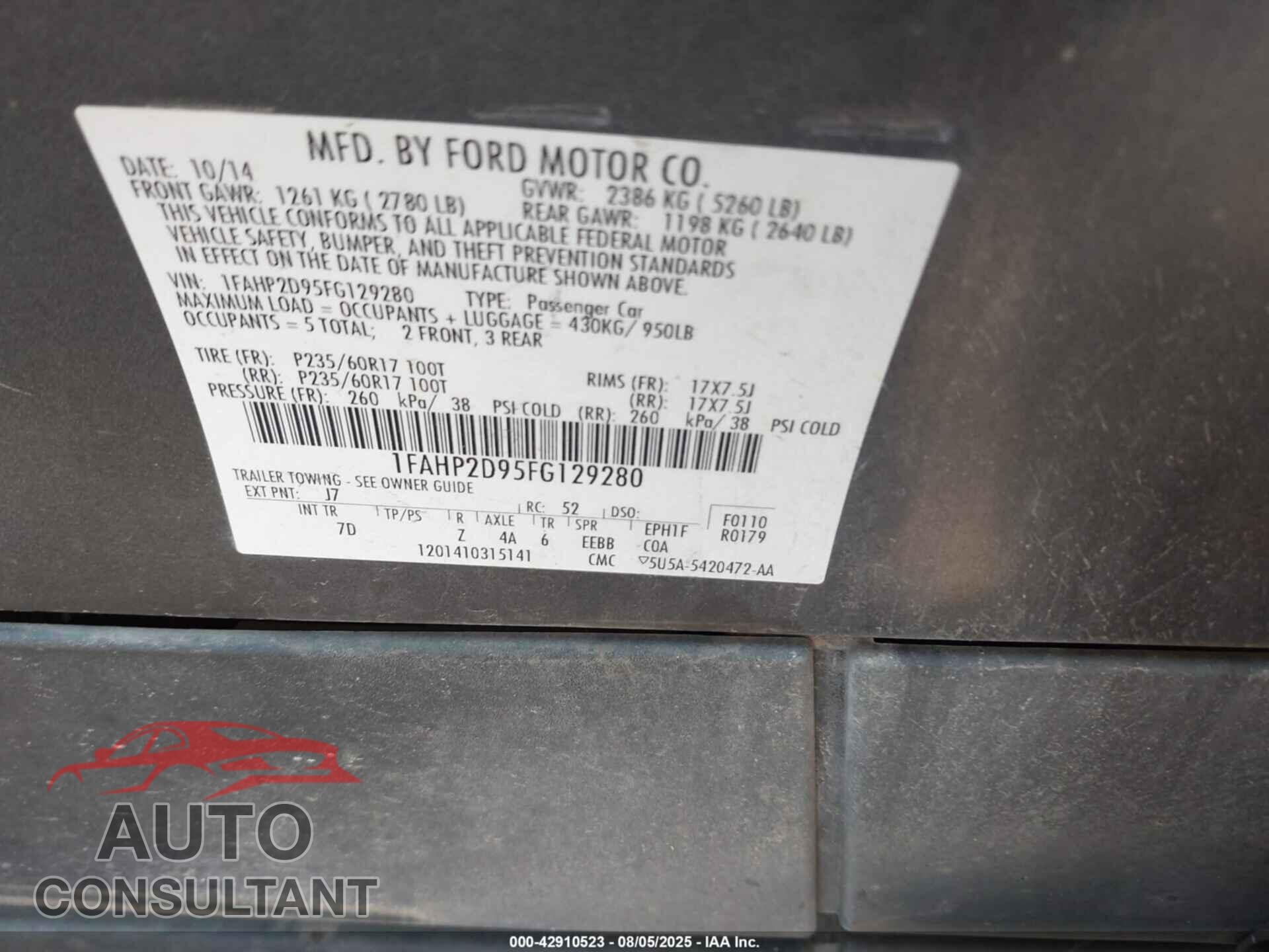 FORD TAURUS 2015 - 1FAHP2D95FG129280