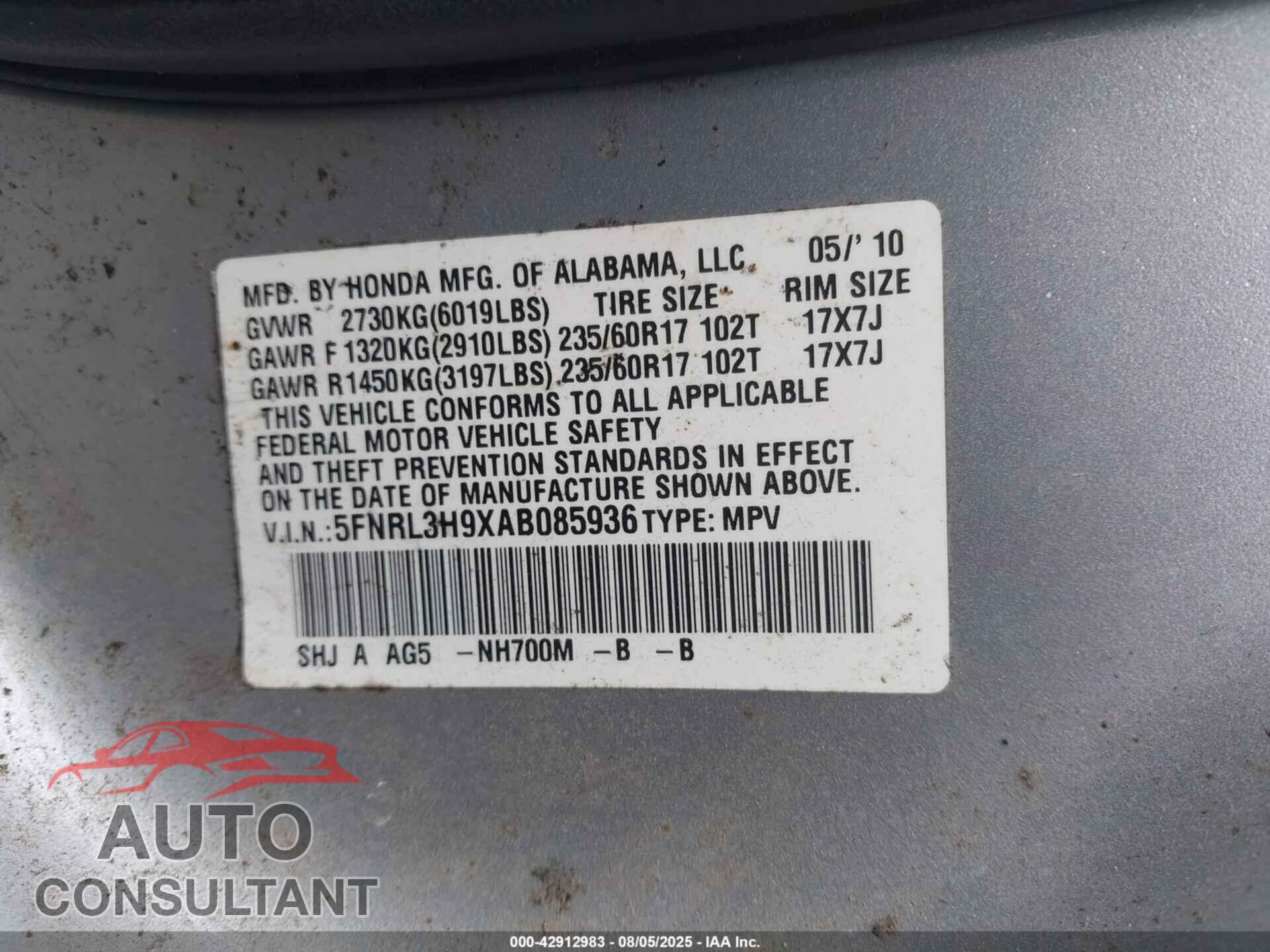 HONDA ODYSSEY 2010 - 5FNRL3H9XAB085936