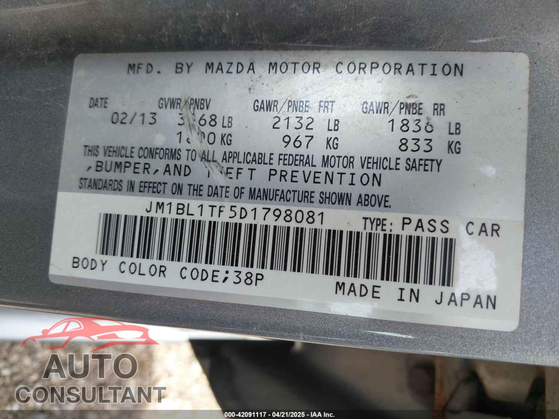 MAZDA MAZDA3 2013 - JM1BL1TF5D1798081