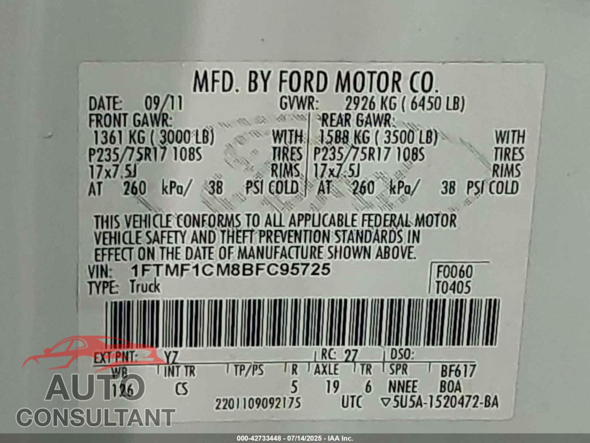 FORD F-150 2011 - 1FTMF1CM8BFC95725