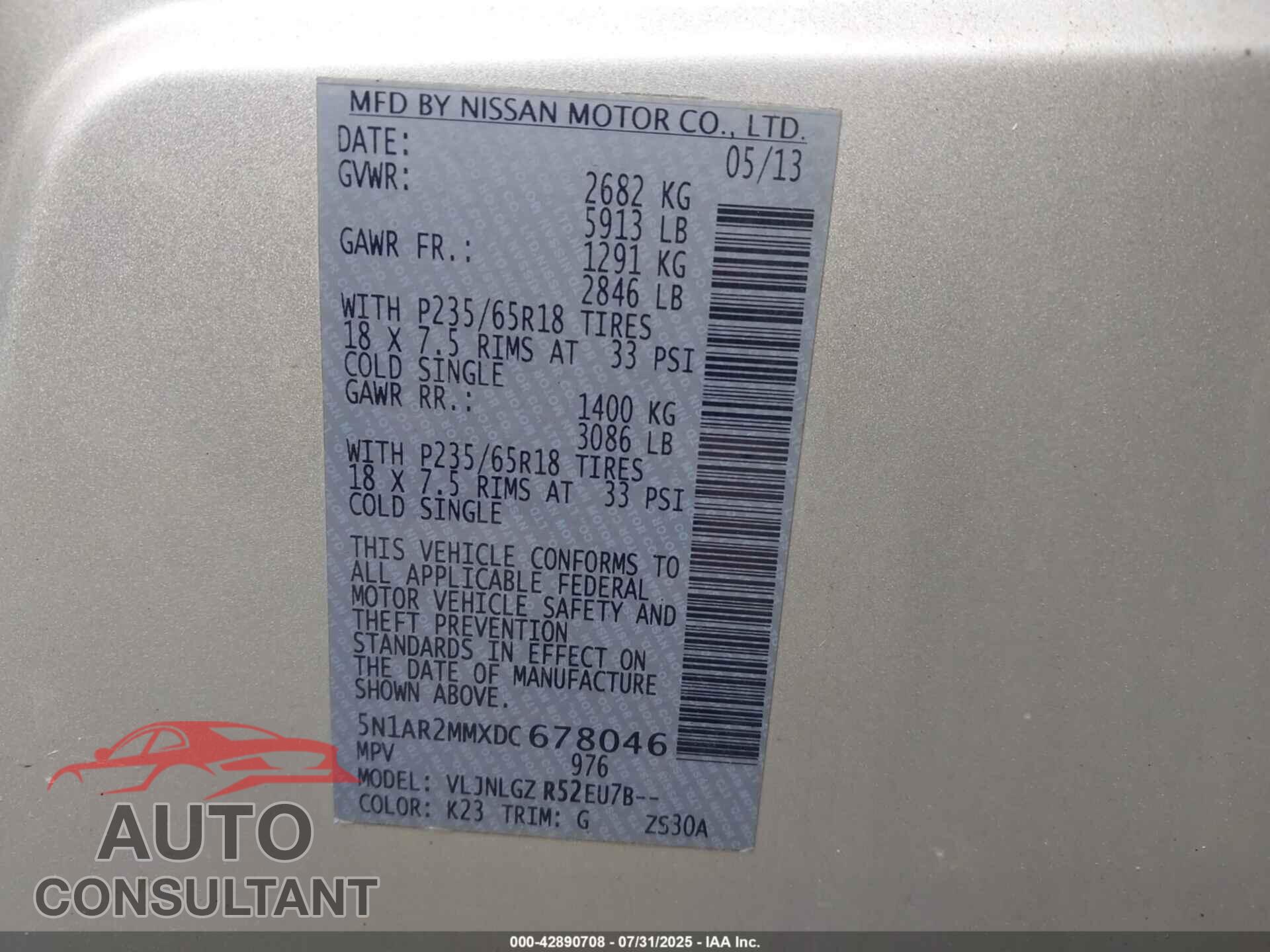 NISSAN PATHFINDER 2013 - 5N1AR2MMXDC678046