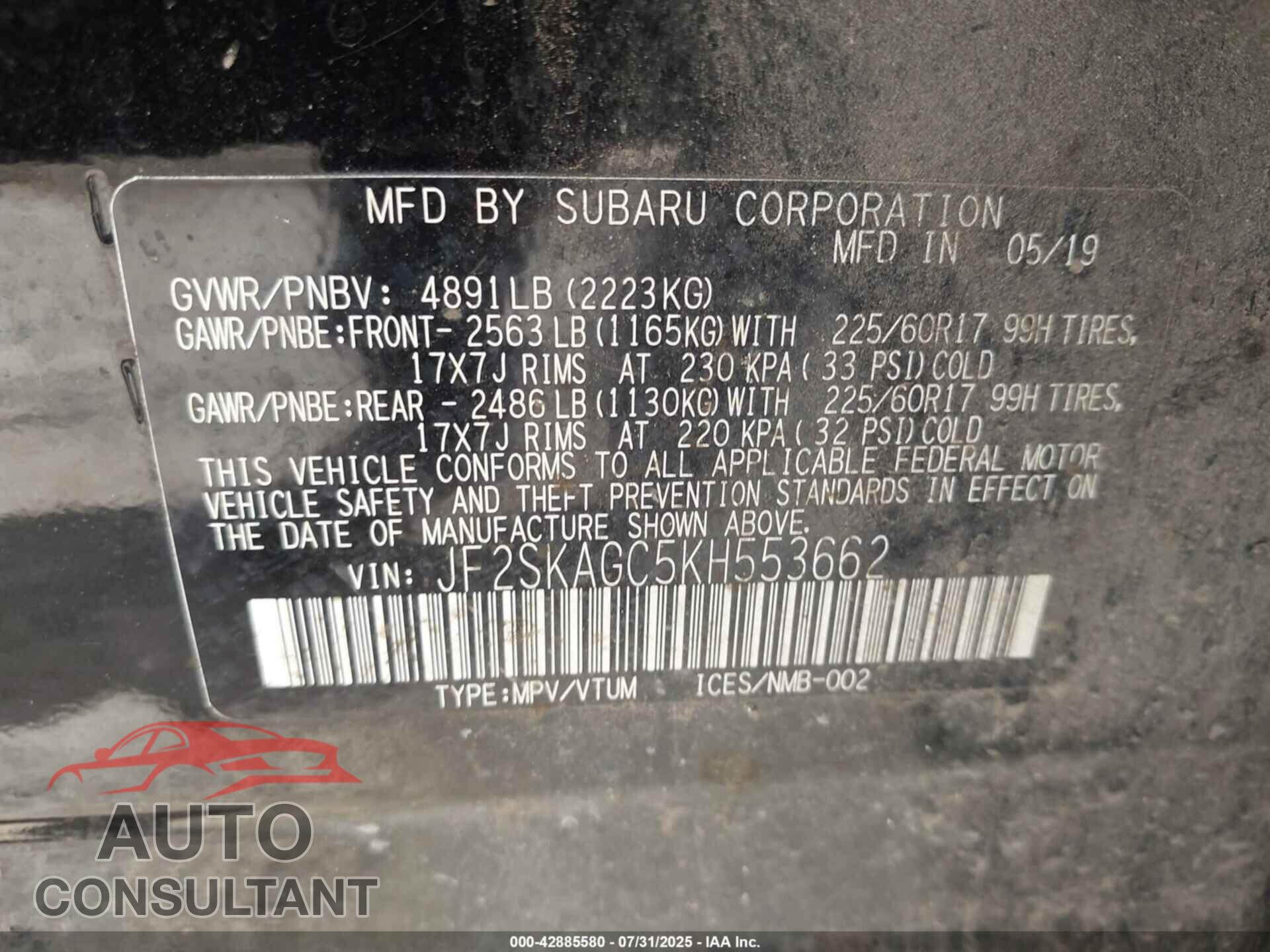 SUBARU FORESTER 2019 - JF2SKAGC5KH553662