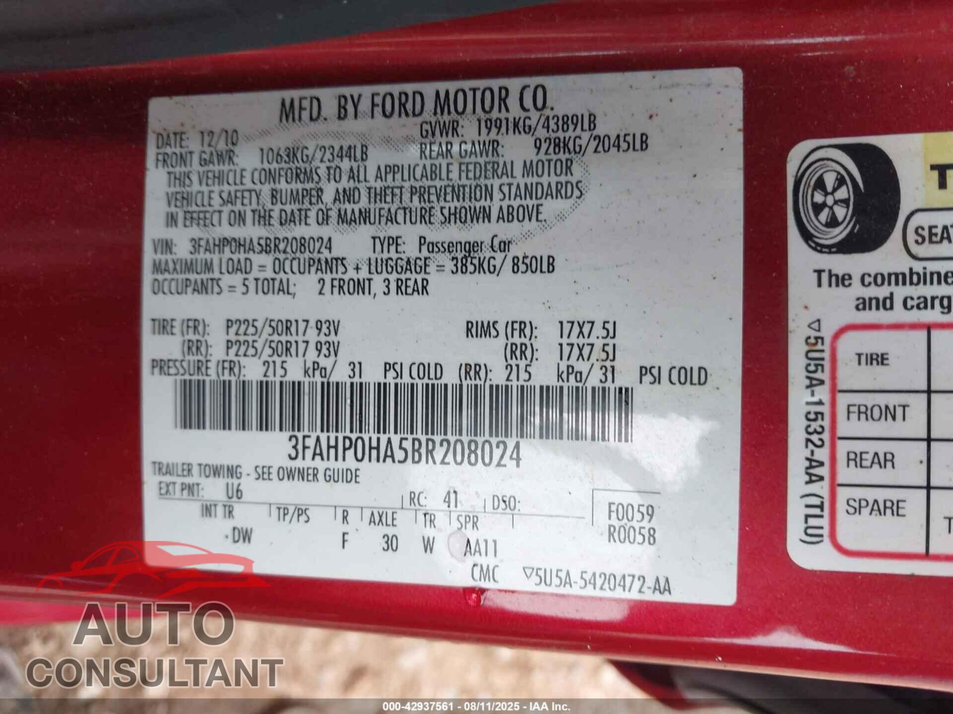 FORD FUSION 2011 - 3FAHP0HA5BR208024
