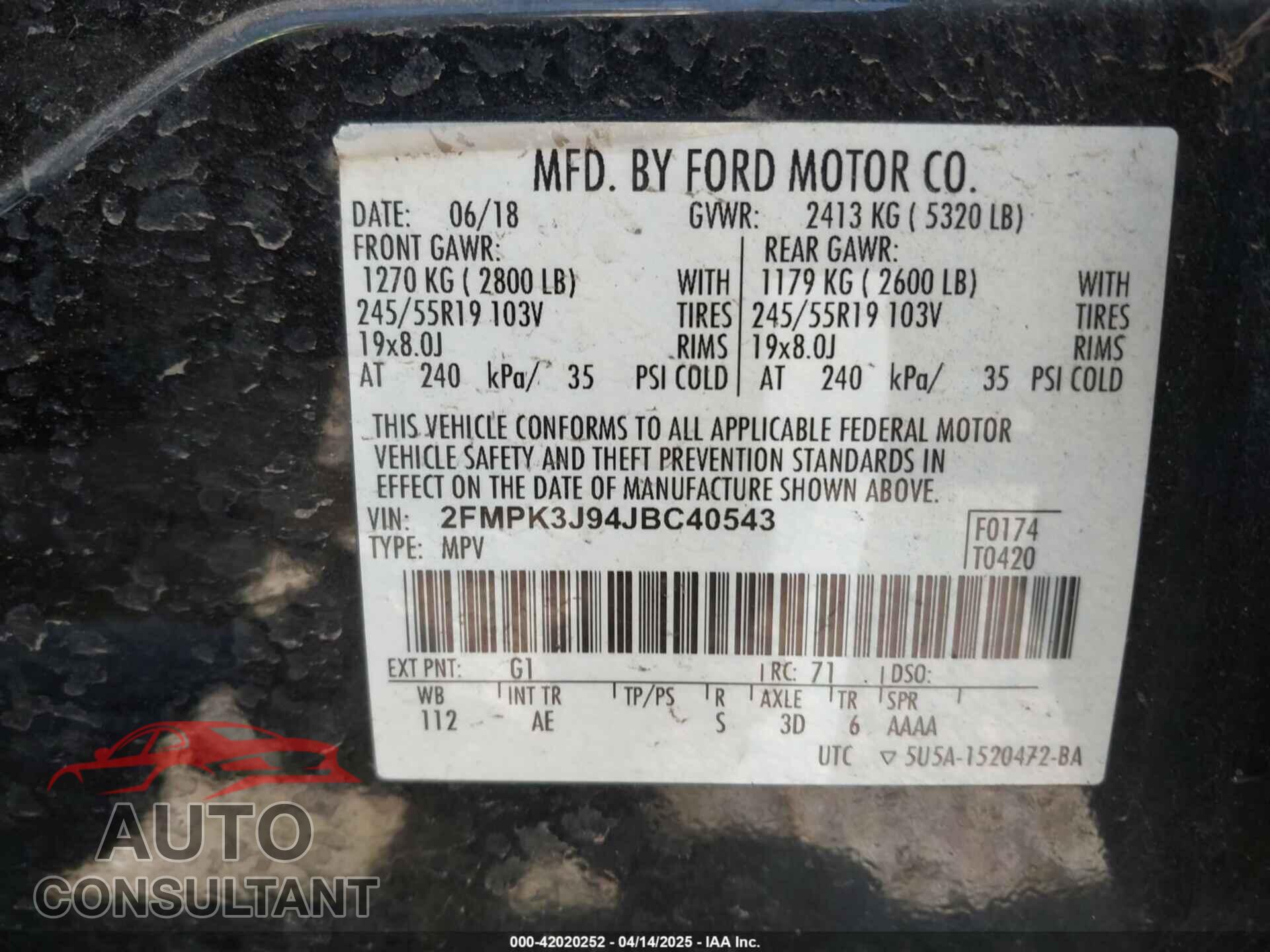 FORD EDGE 2018 - 2FMPK3J94JBC40543