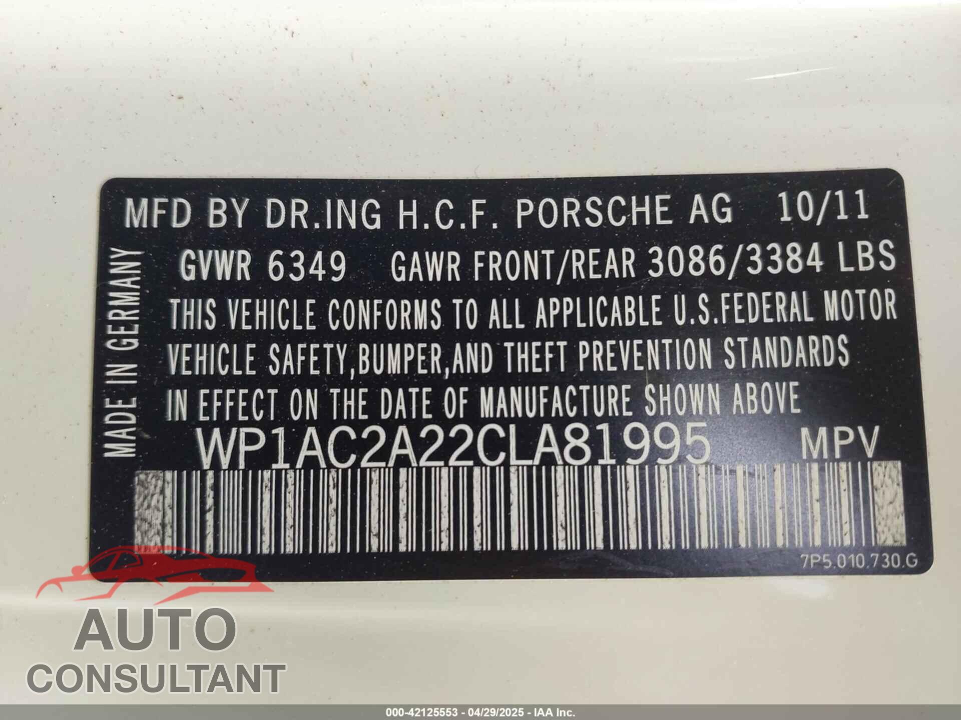 PORSCHE CAYENNE 2012 - WP1AC2A22CLA81995