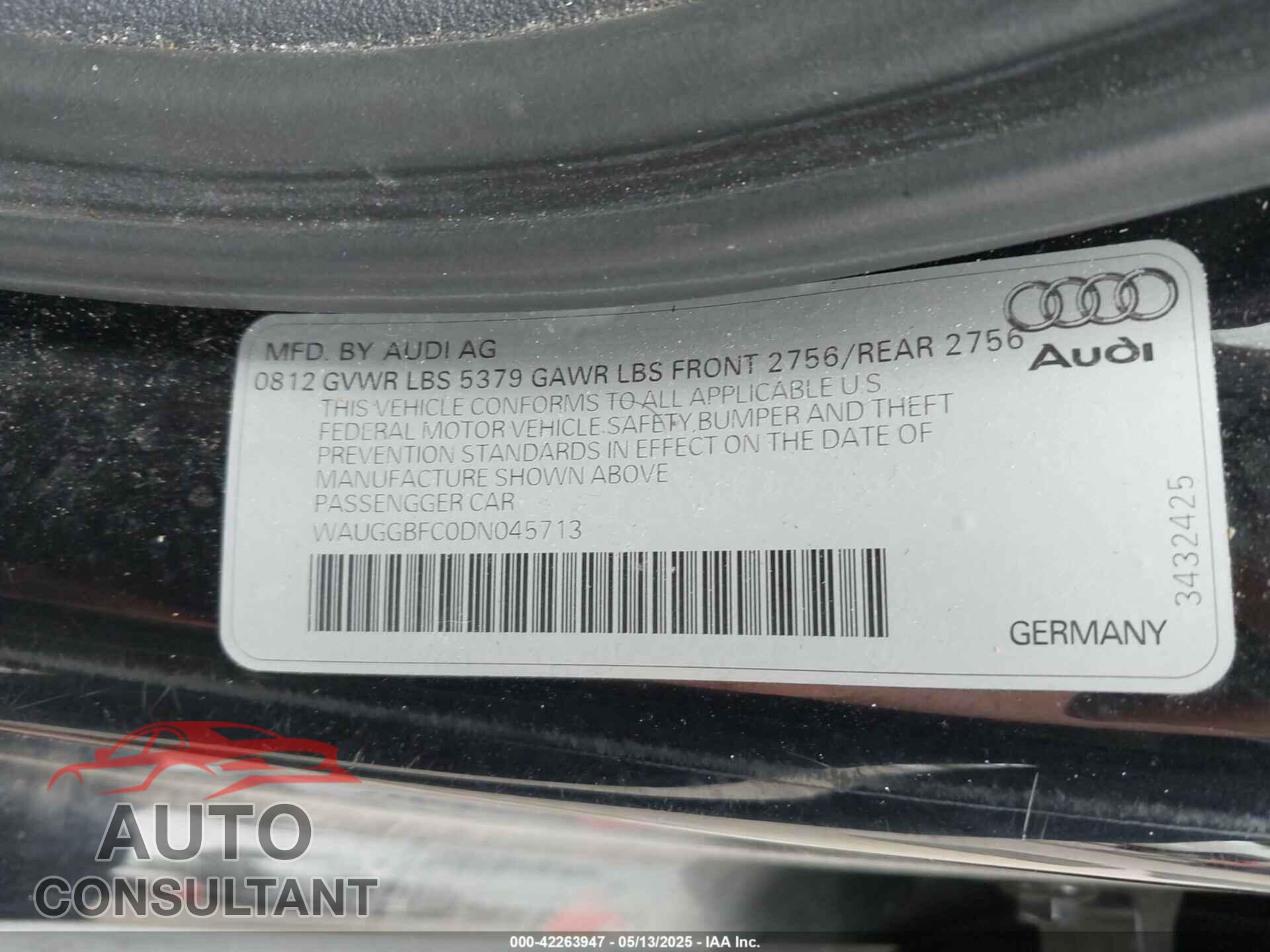 AUDI A6 2013 - WAUGGBFC0DN045713