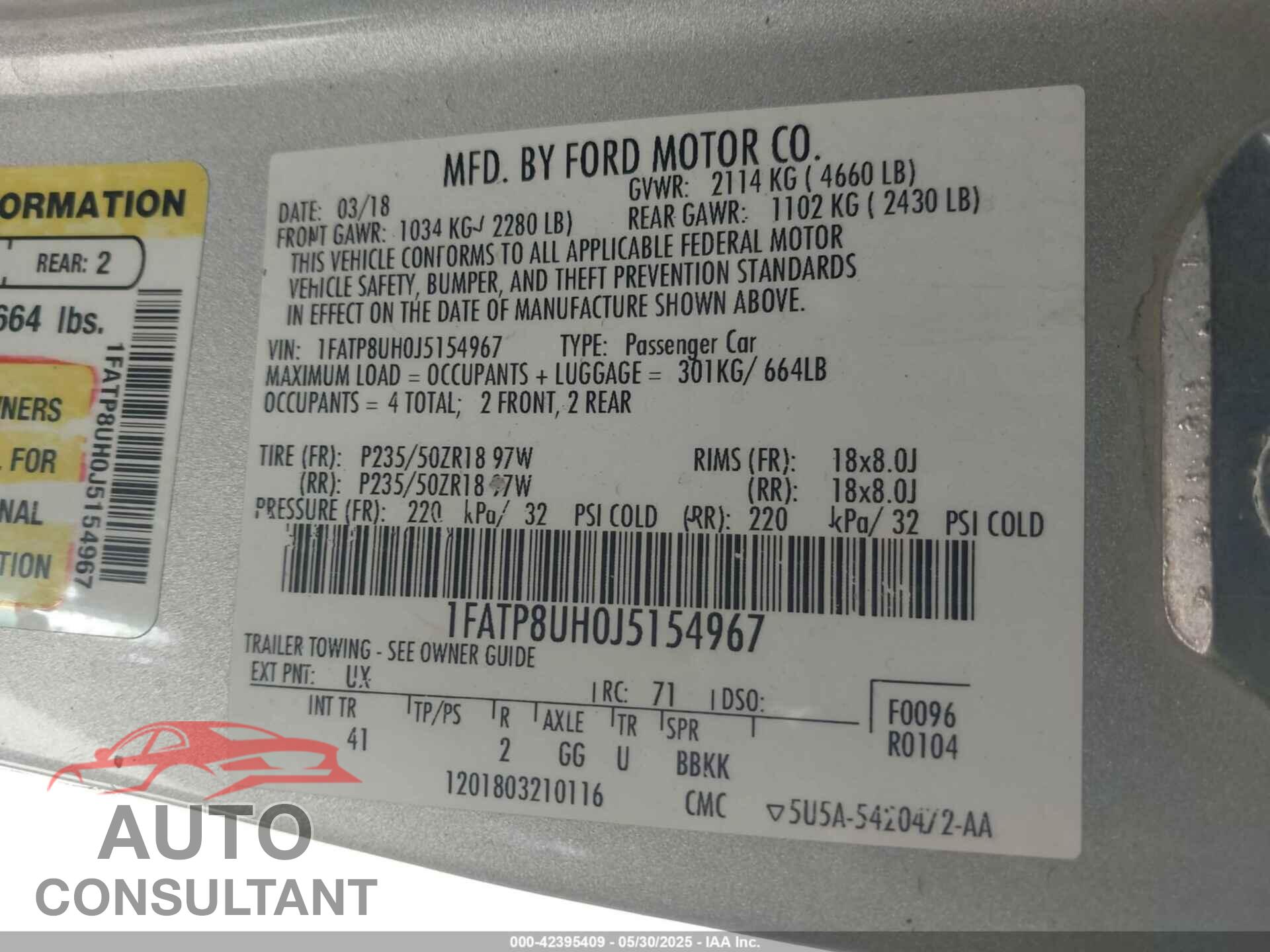 FORD MUSTANG 2018 - 1FATP8UH0J5154967