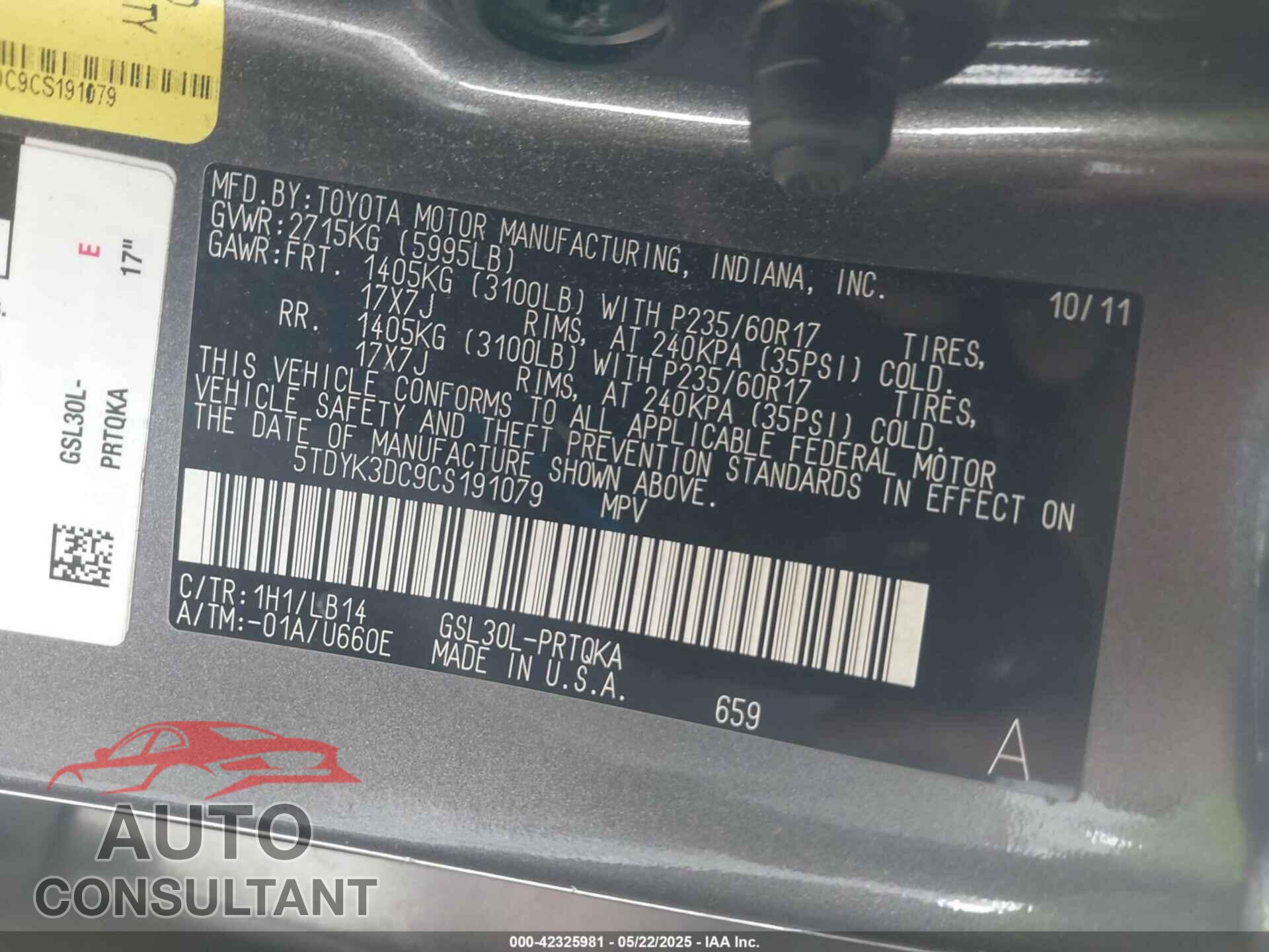 TOYOTA SIENNA 2012 - 5TDYK3DC9CS191079