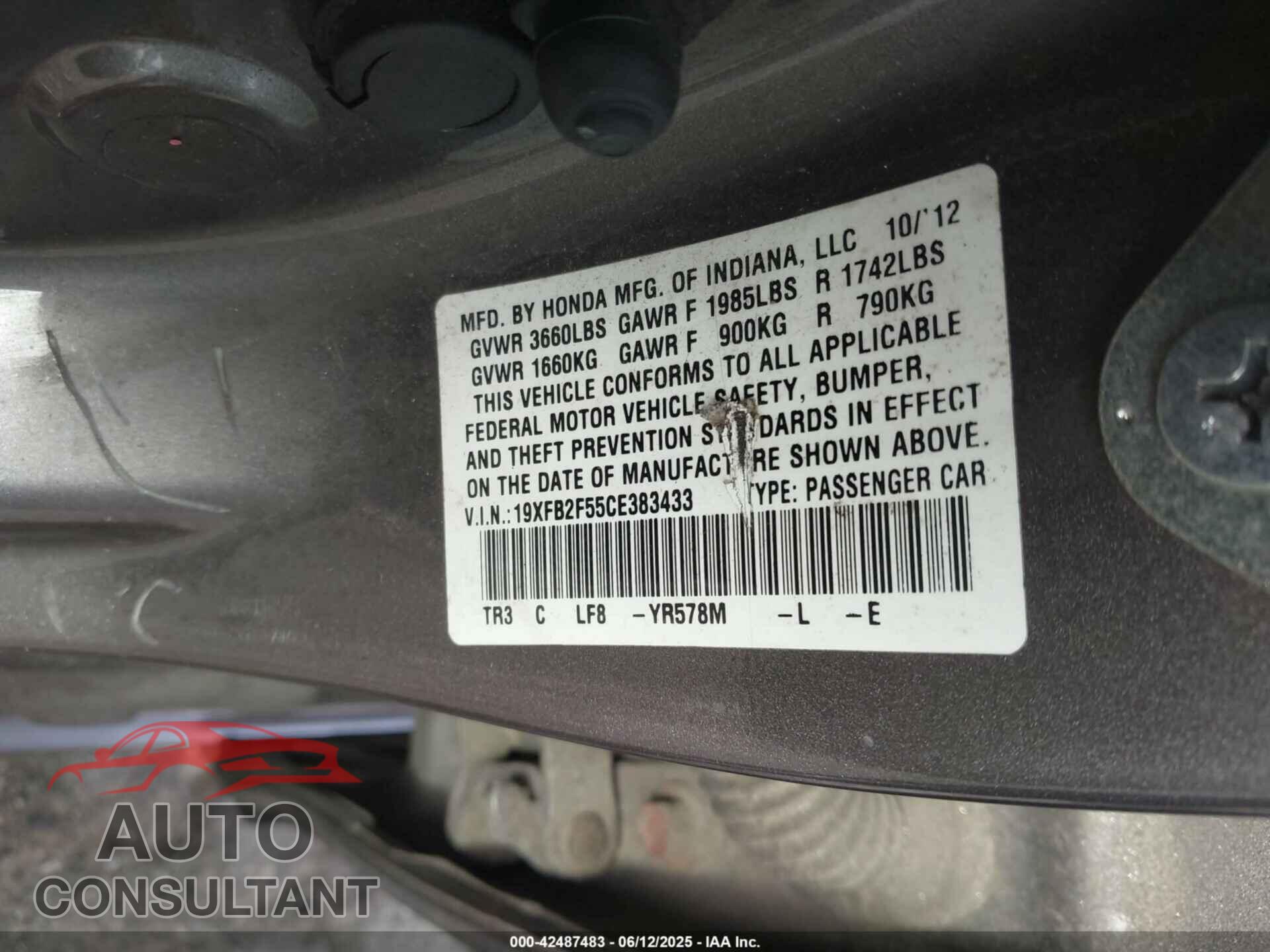 HONDA CIVIC 2012 - 19XFB2F55CE383433