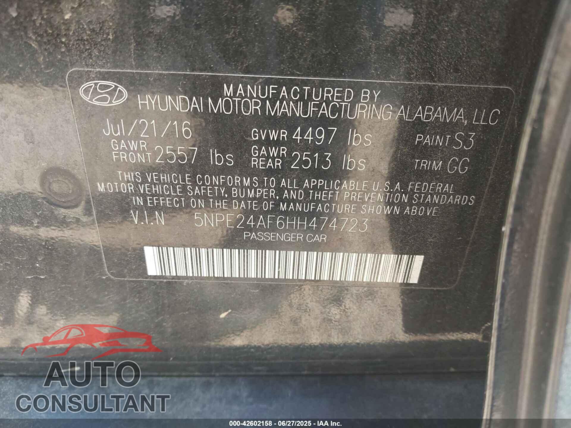 HYUNDAI SONATA 2017 - 5NPE24AF6HH474723